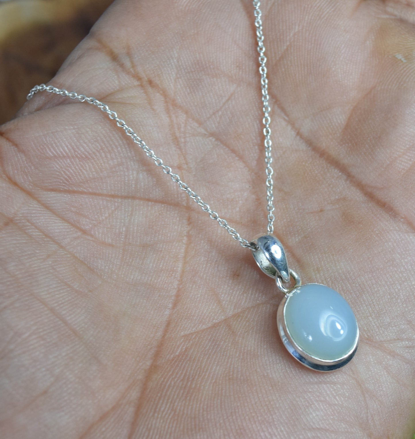 925 Solid Sterling Silver Blue Chalcedony Chain Pendant -18.8 INCH
