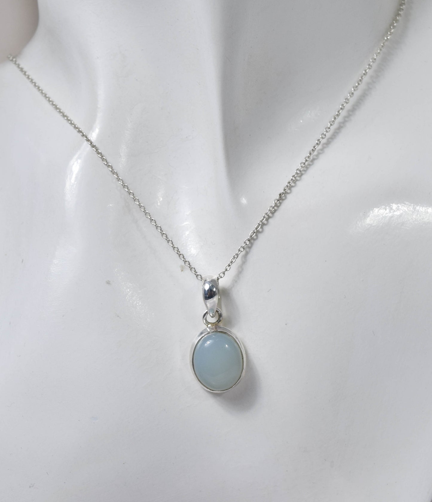 925 Solid Sterling Silver Blue Chalcedony Chain Pendant -18.8 INCH