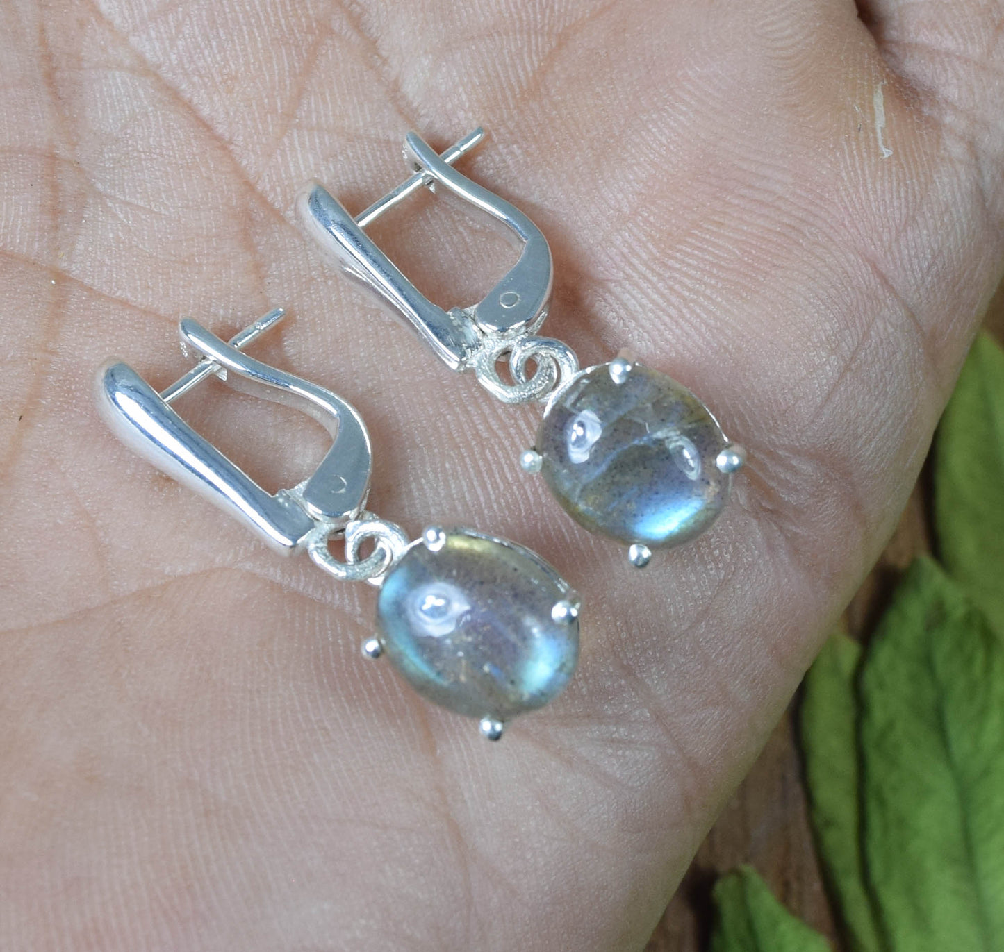 925 Solid Sterling Silver Labradorite Russian Lock Earring -1.2 INCH