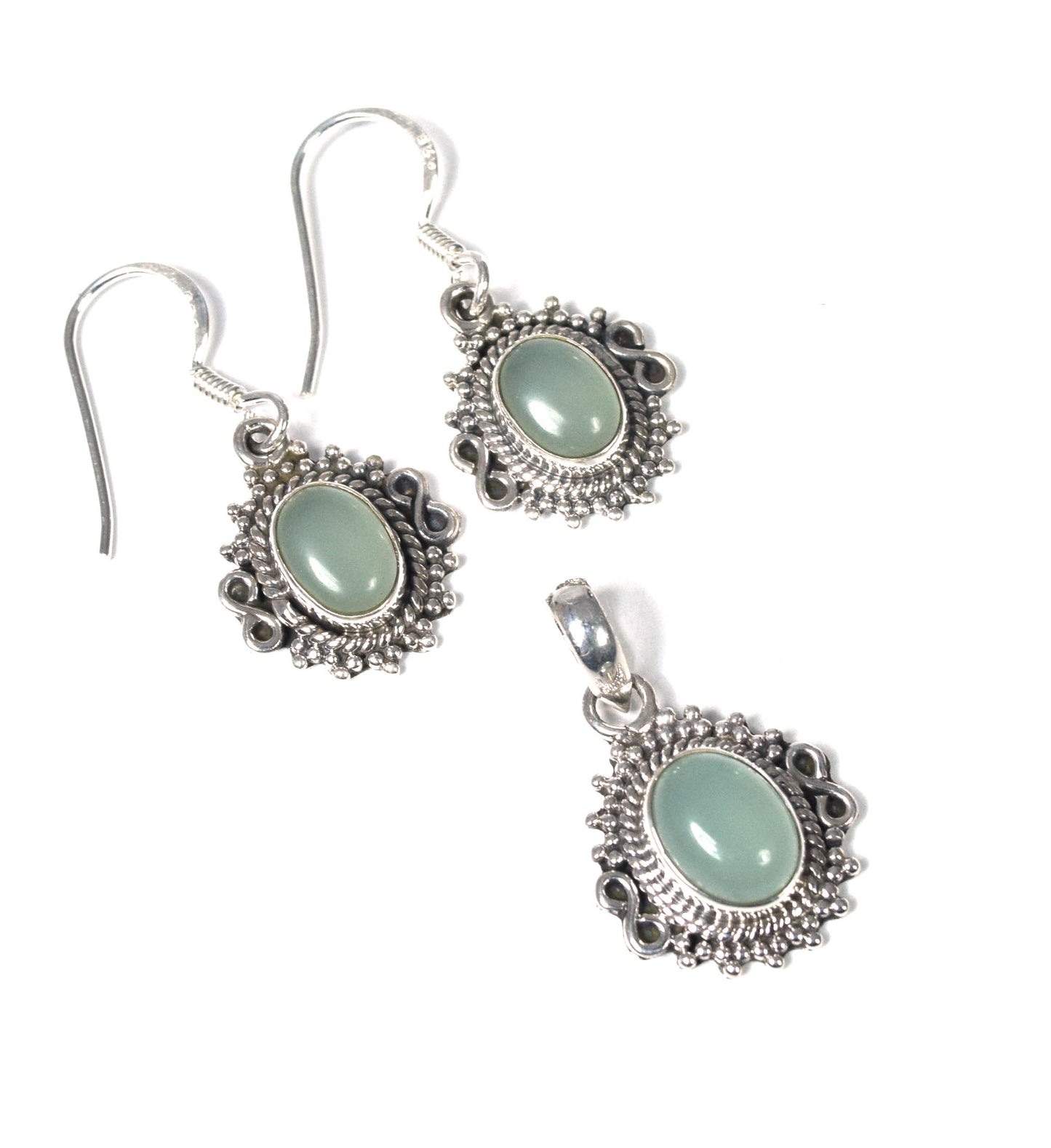 925 Solid Sterling Silver Aqua Chalcedony Earring Pendant Set