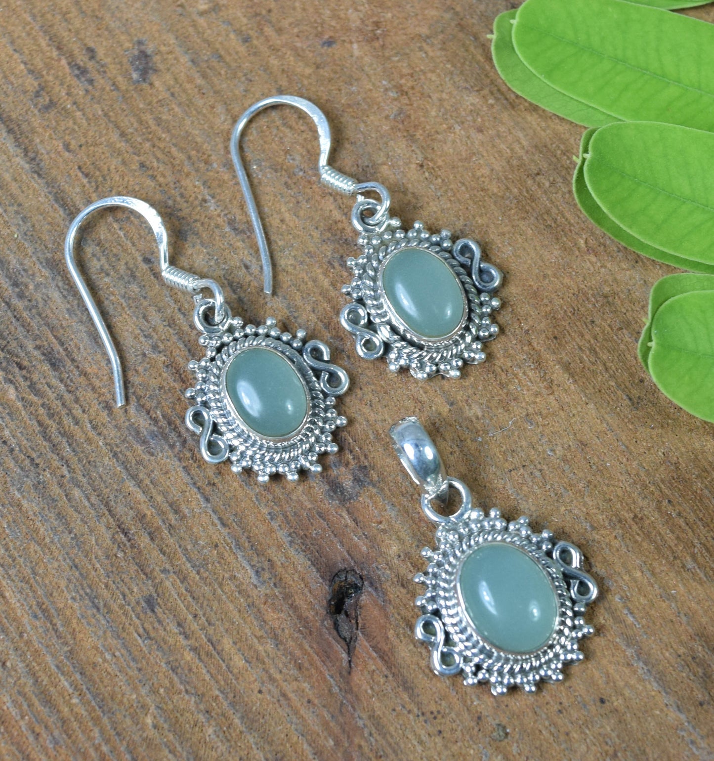 925 Solid Sterling Silver Aqua Chalcedony Earring Pendant Set
