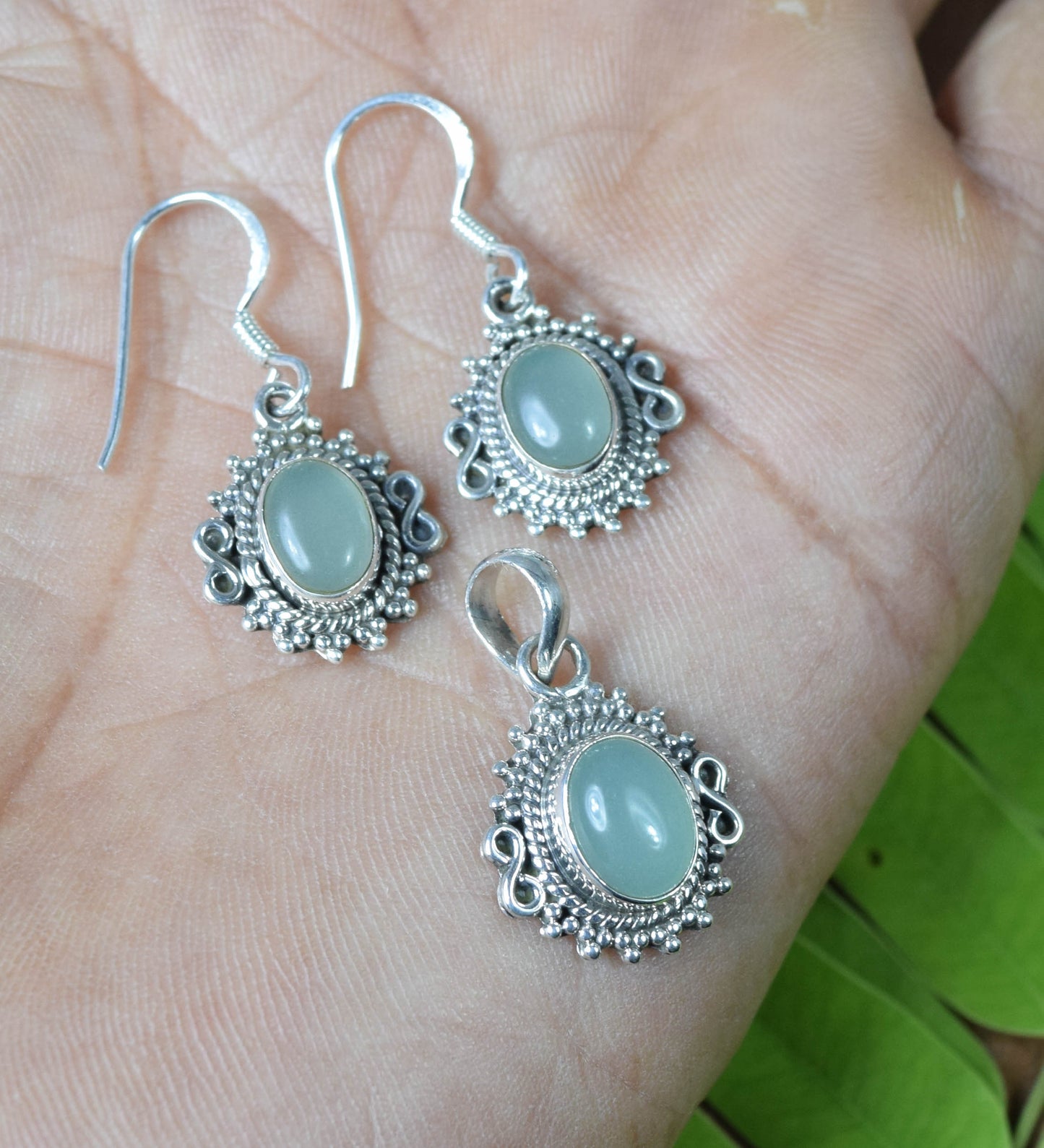 925 Solid Sterling Silver Aqua Chalcedony Earring Pendant Set
