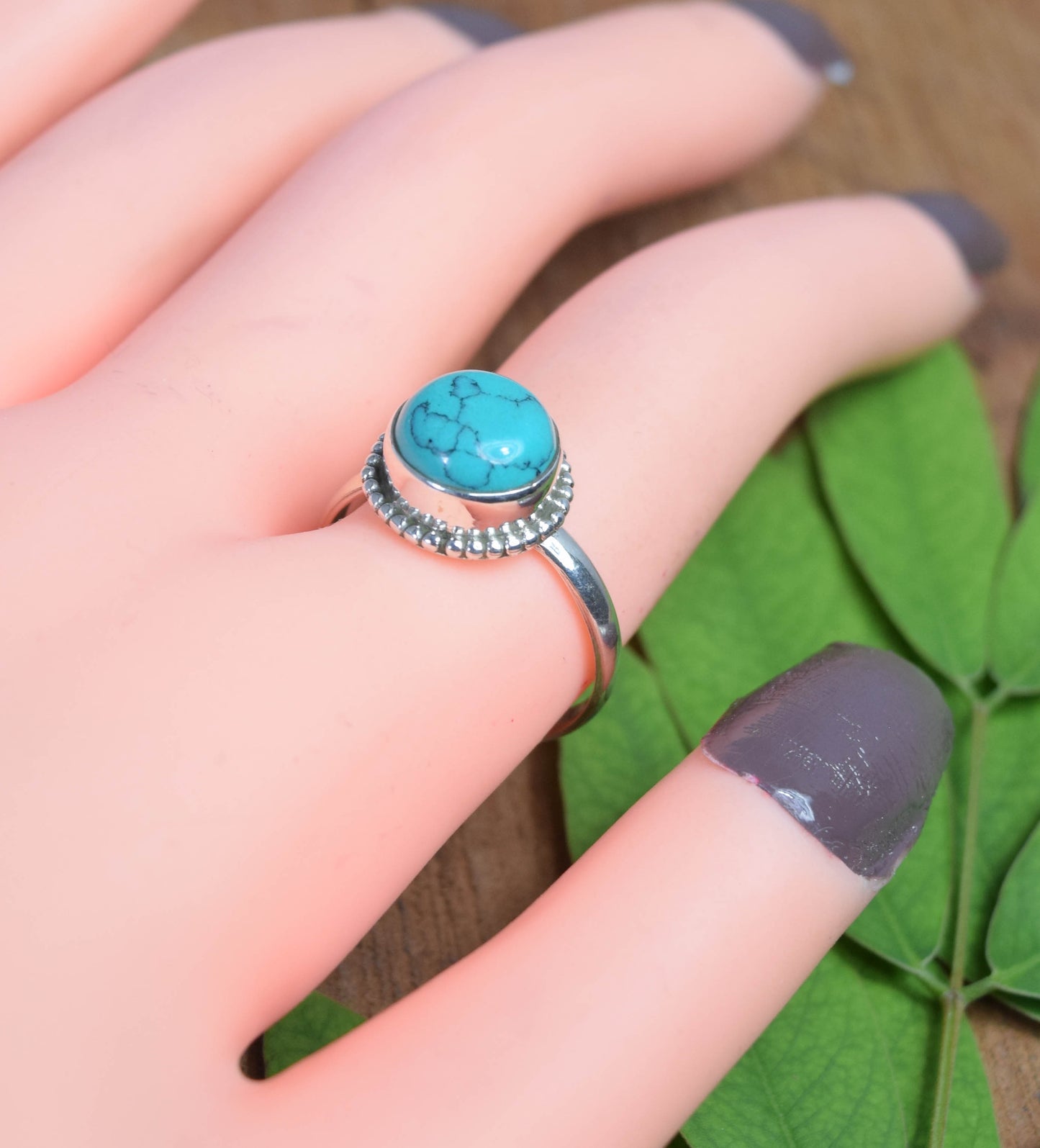 925 Solid Sterling Silver Blue Turquoise Ring -8.5 us