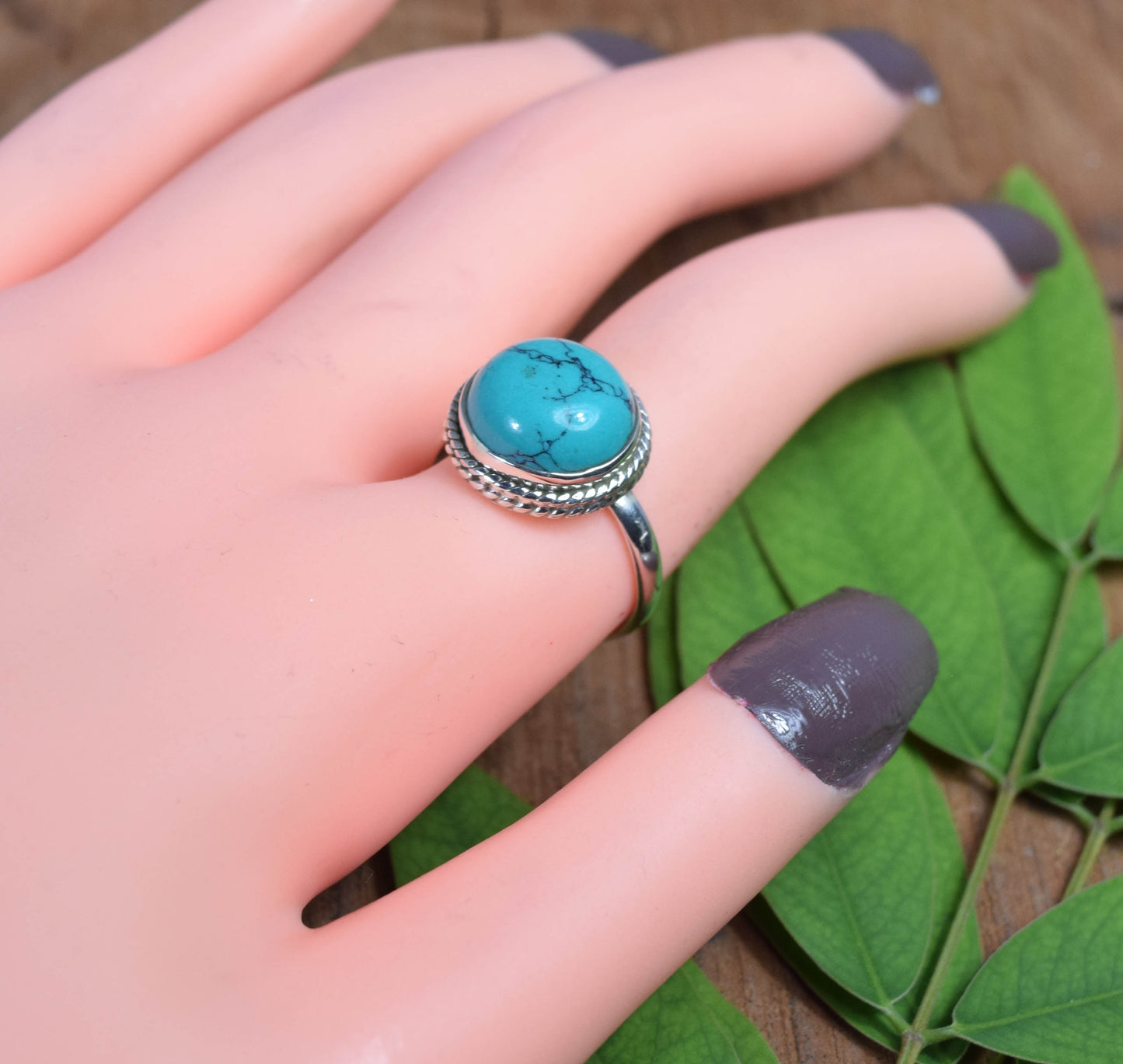 925 Solid Sterling Silver Blue Turquoise Ring -8 us
