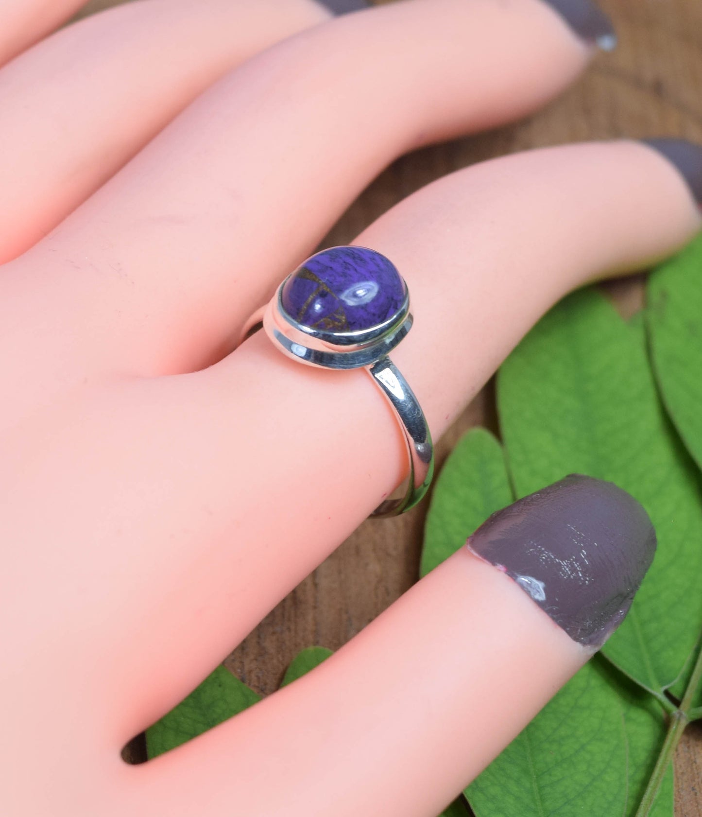 925 Solid Sterling Silver Purple Copper Turquoise Ring -7 us