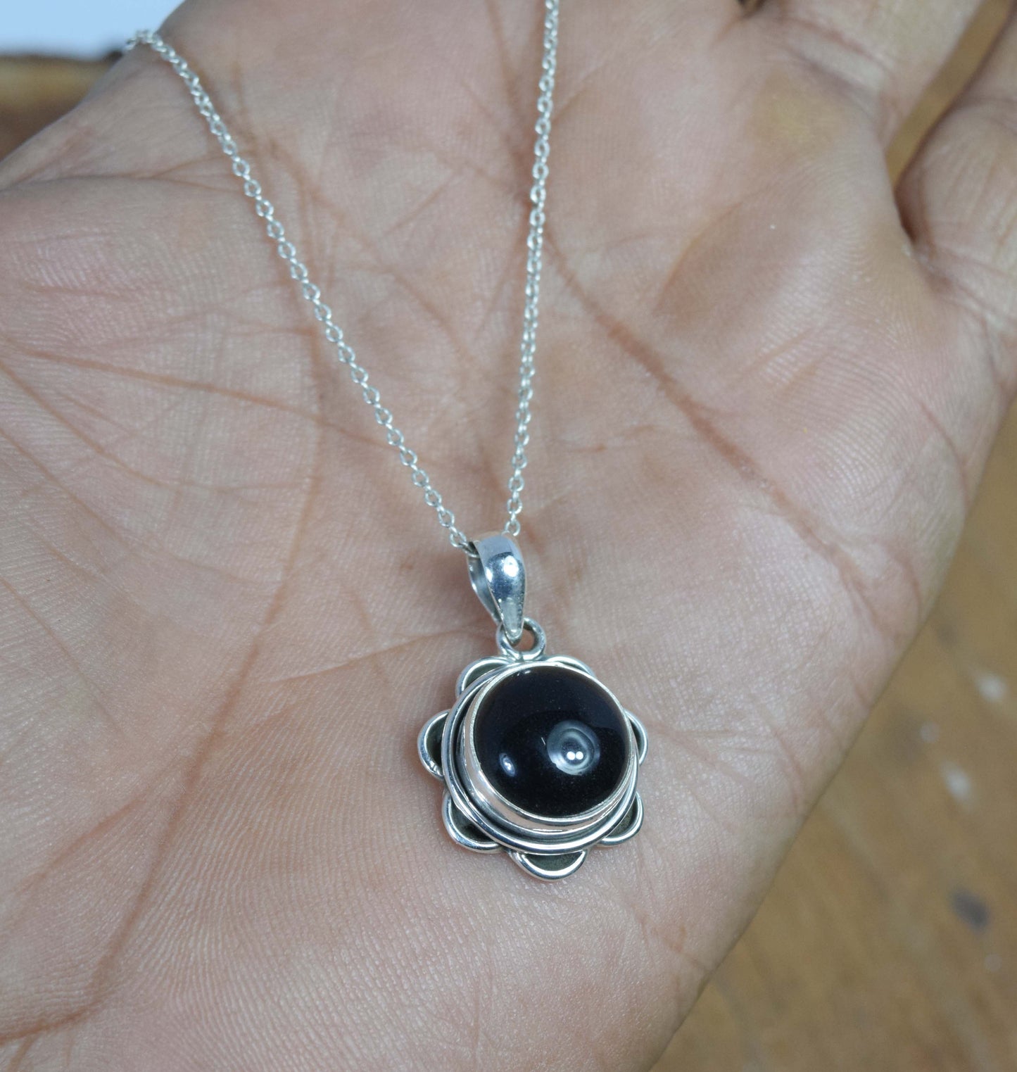 925 Solid Sterling Silver Black Onyx Chain Pendant-19 Inch