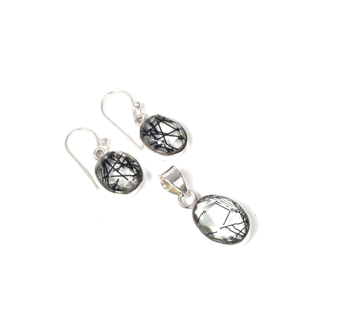 925 Solid Sterling Silver Black Rutile Hook Earring Pendant Set