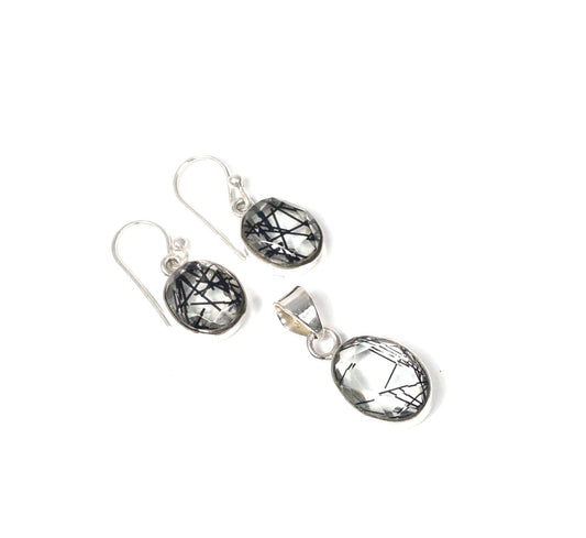 925 Solid Sterling Silver Black Rutile Hook Earring Pendant Set