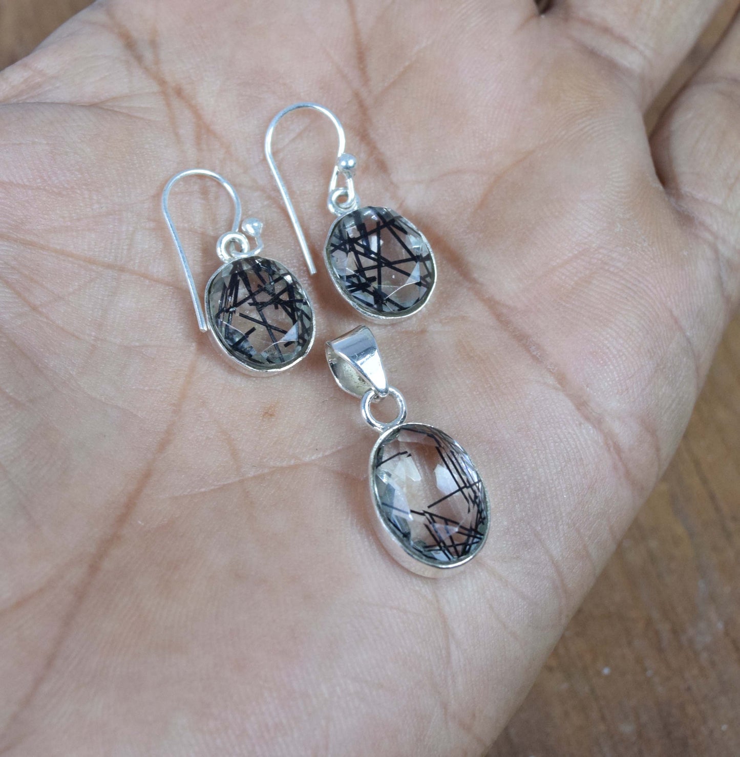 925 Solid Sterling Silver Black Rutile Hook Earring Pendant Set