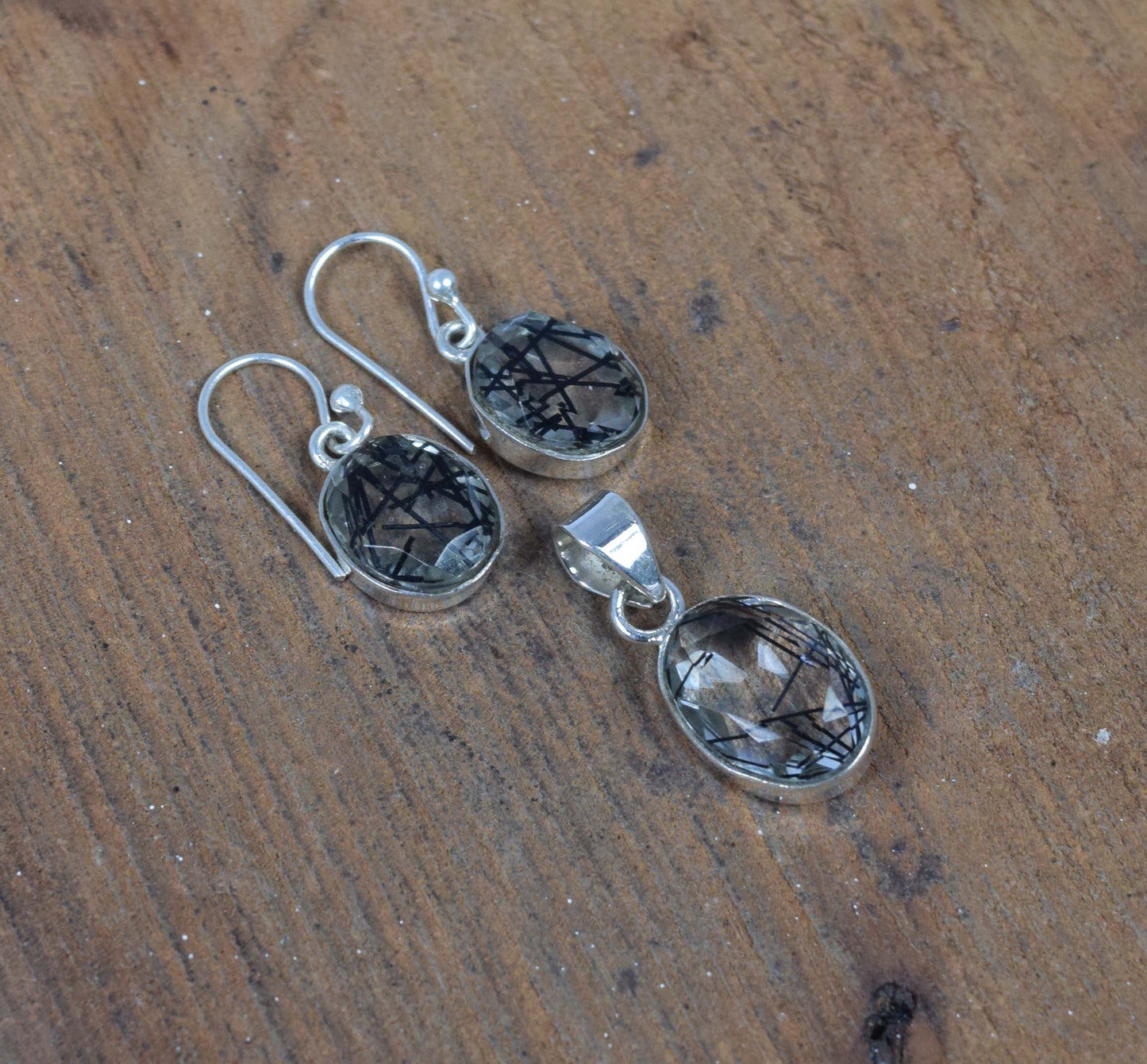 925 Solid Sterling Silver Black Rutile Hook Earring Pendant Set
