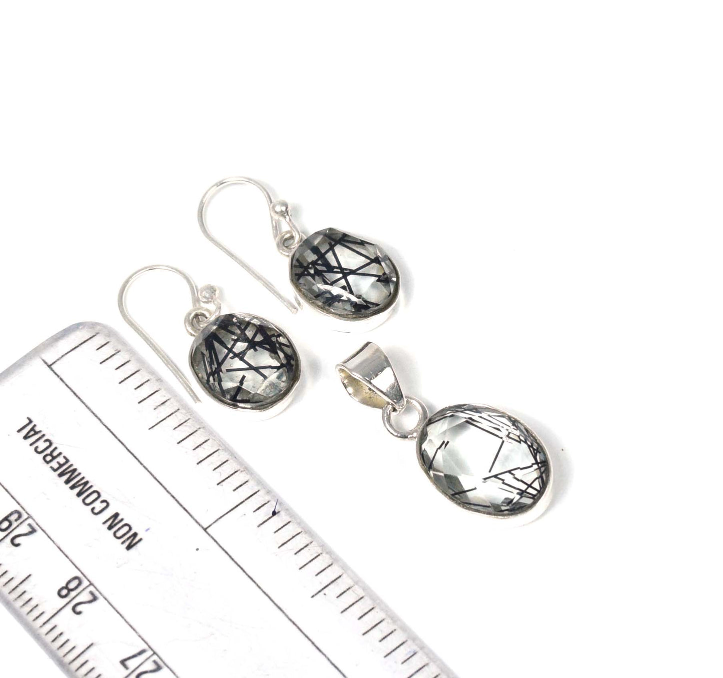 925 Solid Sterling Silver Black Rutile Hook Earring Pendant Set
