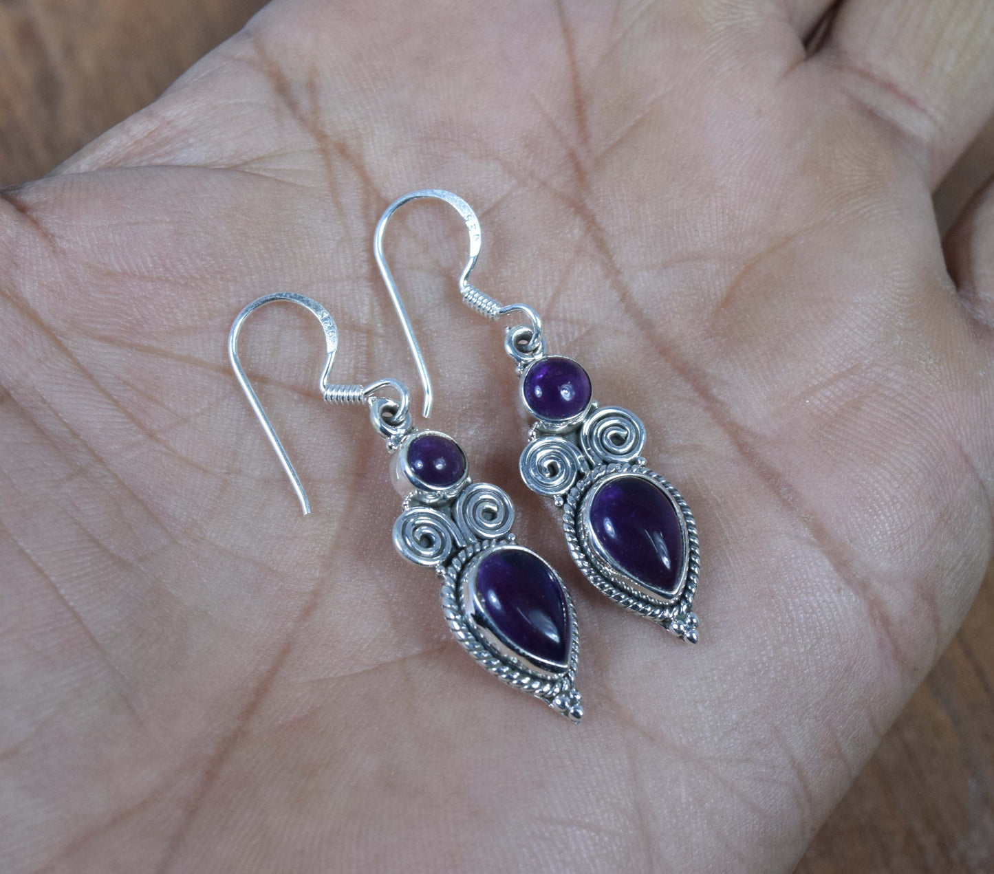925 Solid Sterling Silver Purple Amethyst Hook Earring-1.6 Inch