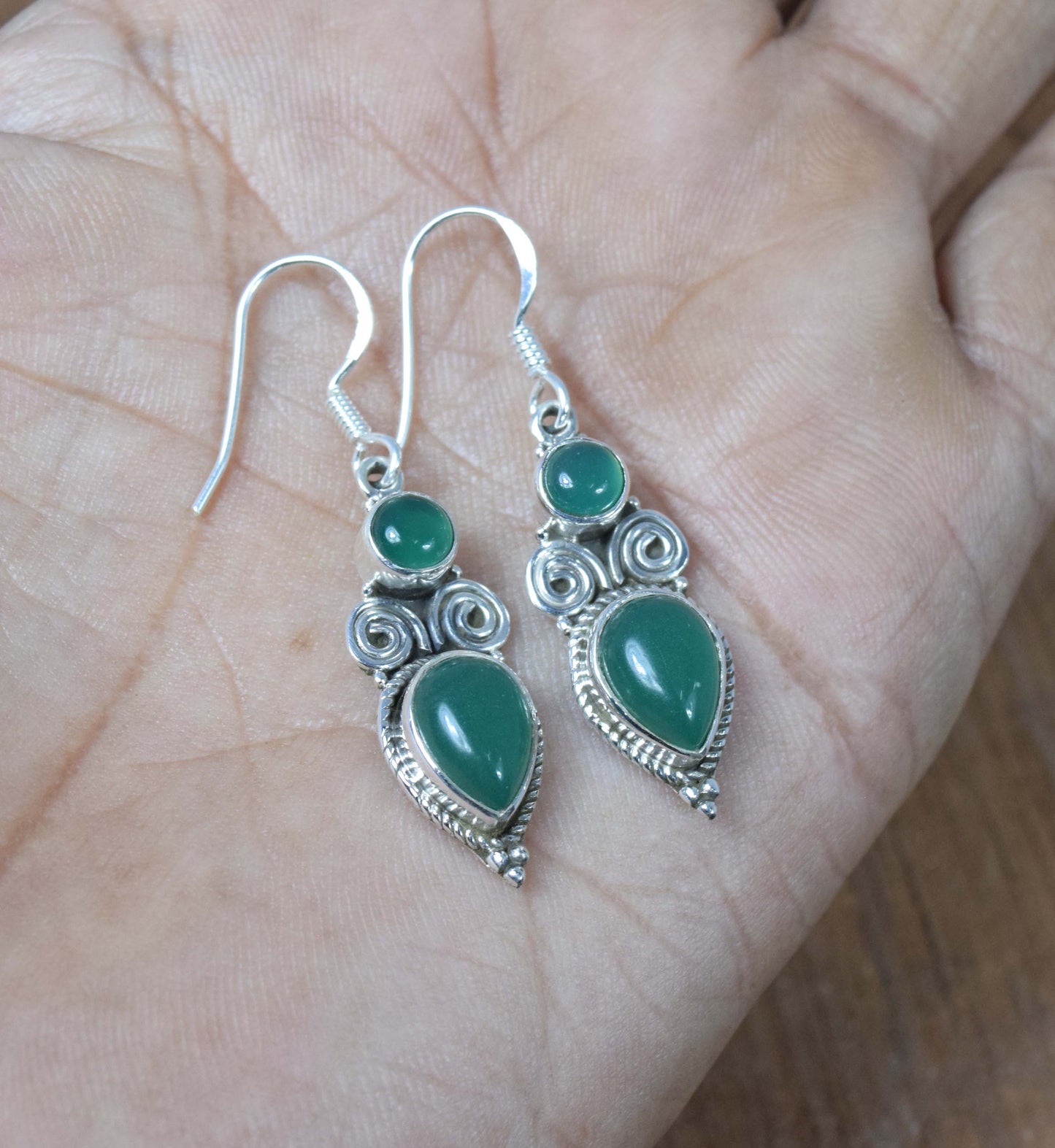 925 Solid Sterling Silver Green Onyx Hook Earring-1.6 Inch
