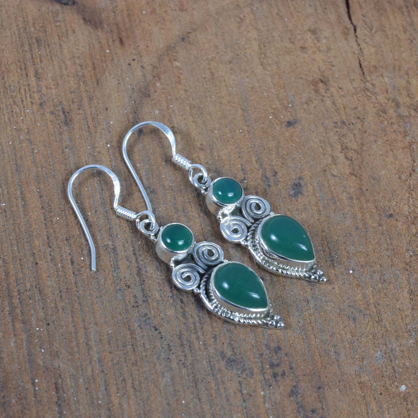 925 Solid Sterling Silver Green Onyx Hook Earring-1.6 Inch