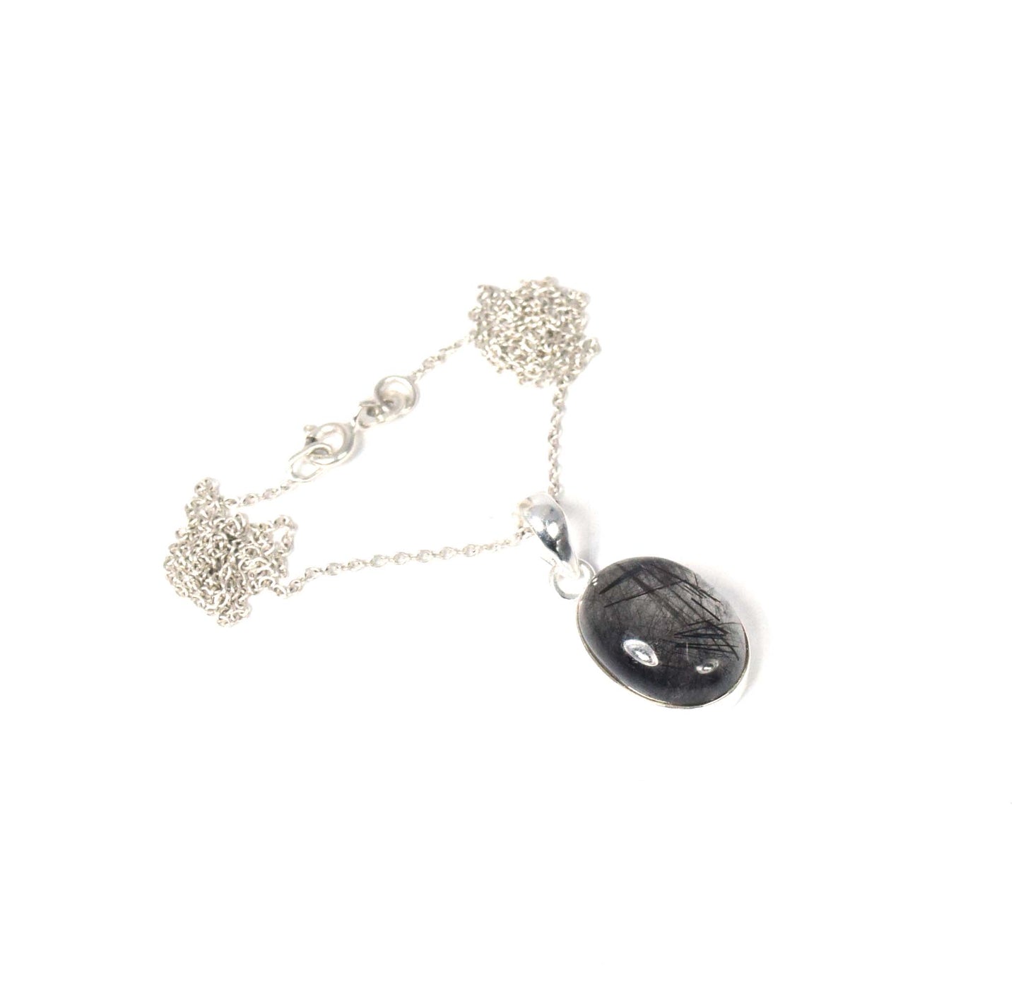 925 Solid Sterling Silver Black Rutile Chain Pendant-19 Inch