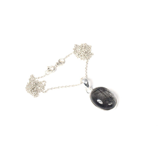 925 Solid Sterling Silver Black Rutile Chain Pendant-19 Inch