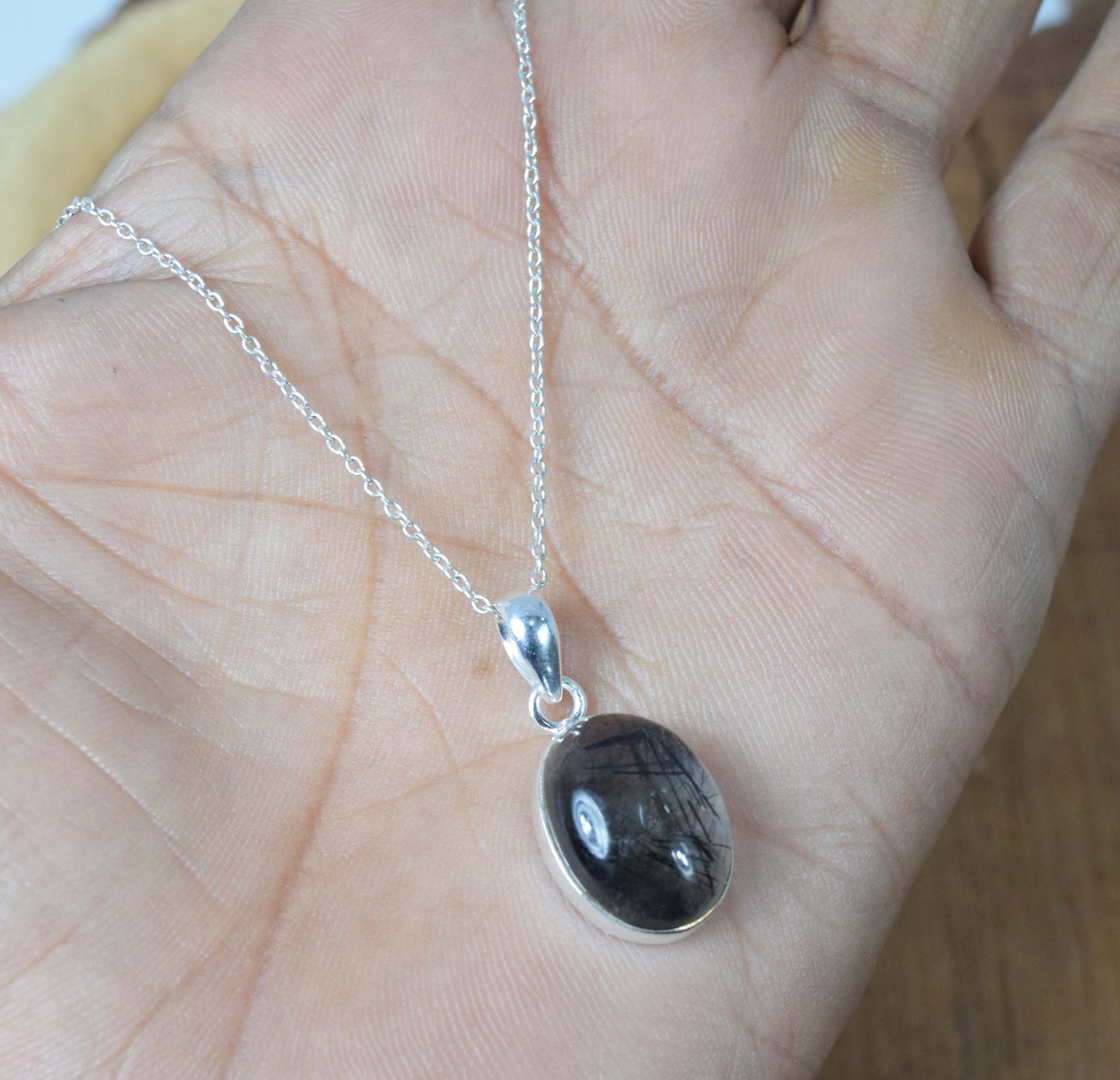925 Solid Sterling Silver Black Rutile Chain Pendant-19 Inch