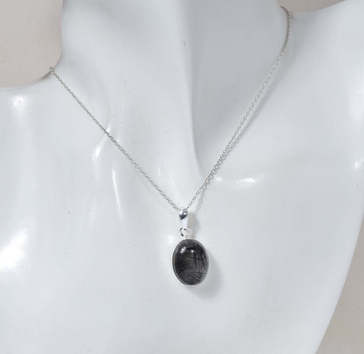 925 Solid Sterling Silver Black Rutile Chain Pendant-19 Inch