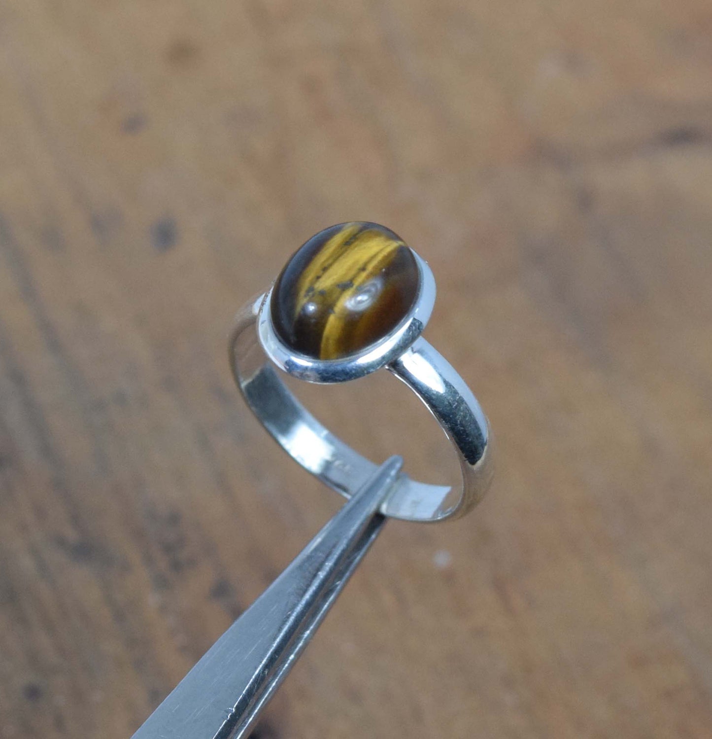 925 Solid Sterling Silver Tiger Eye Ring-6 US