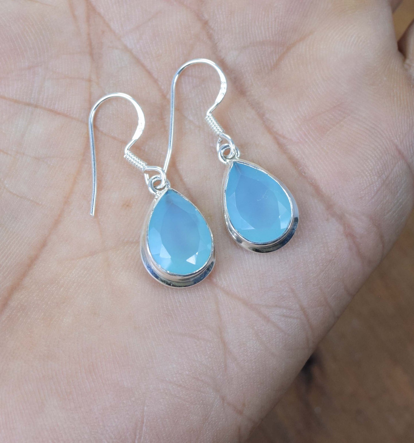 925 Solid Sterling Silver Cut Blue Chalcedony Hook Earring-1.5 Inch