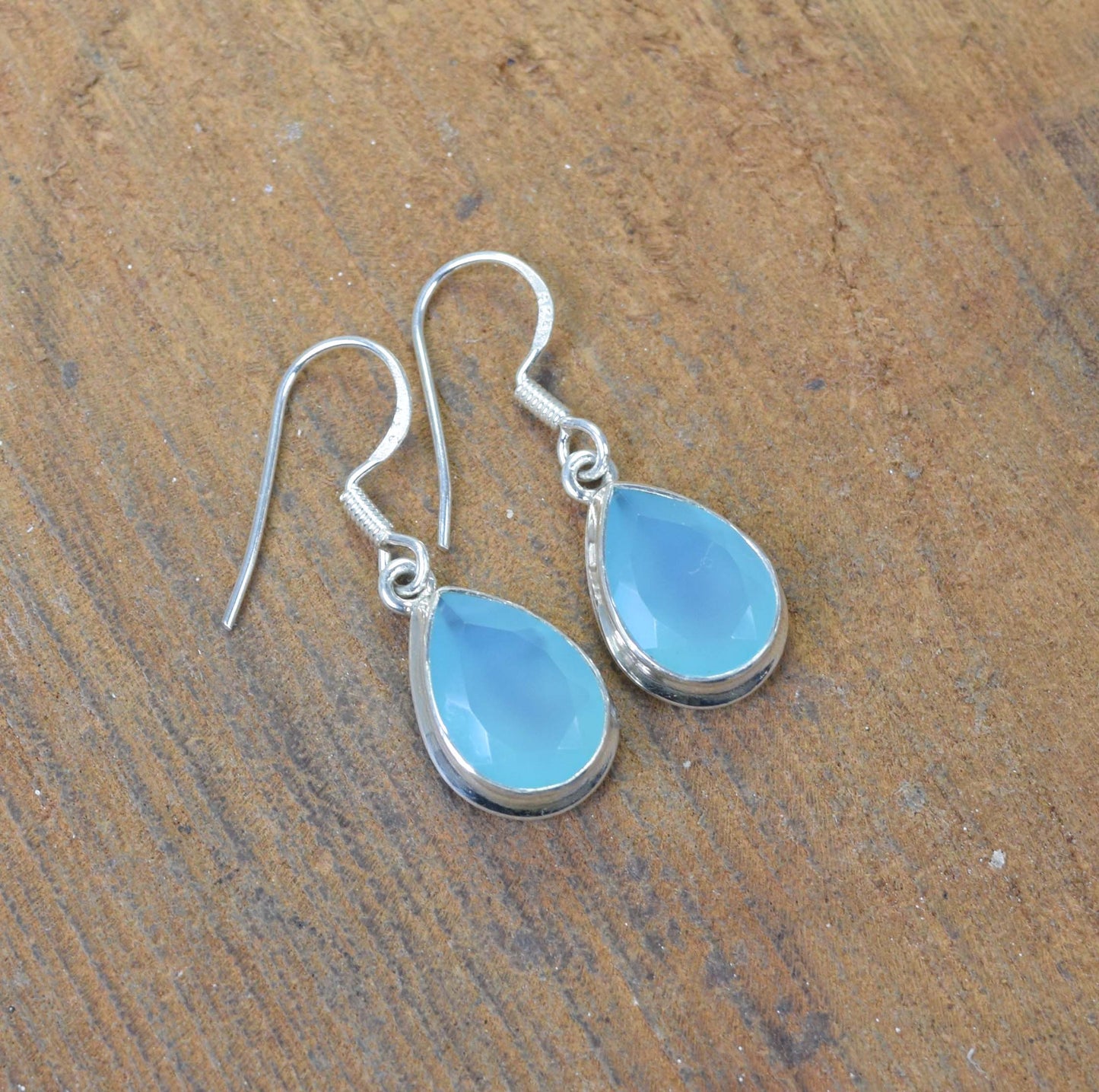 925 Solid Sterling Silver Cut Blue Chalcedony Hook Earring-1.5 Inch