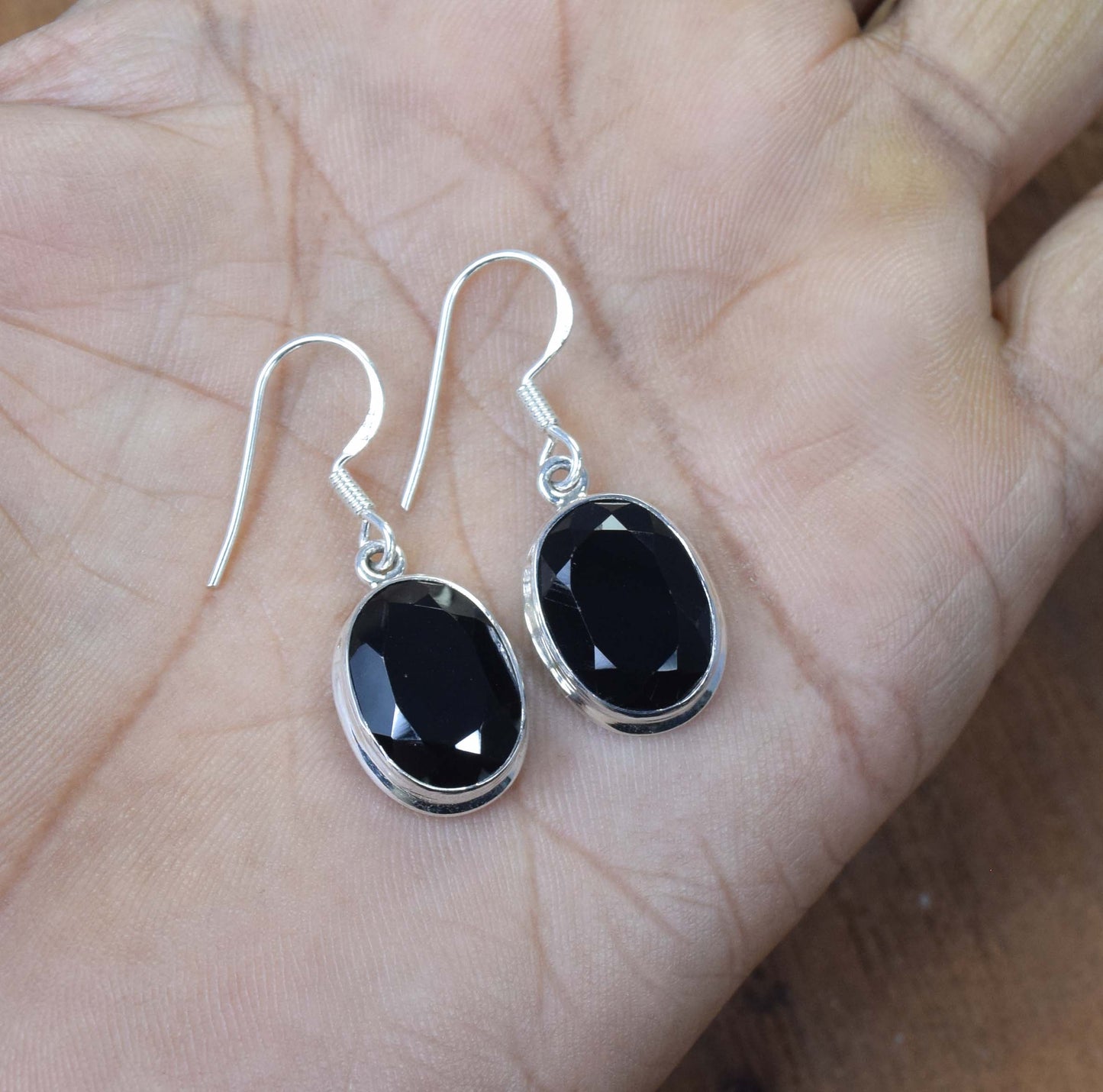 925 Solid Sterling Silver Cut Black Onyx Hook Earring-1.5 Inch