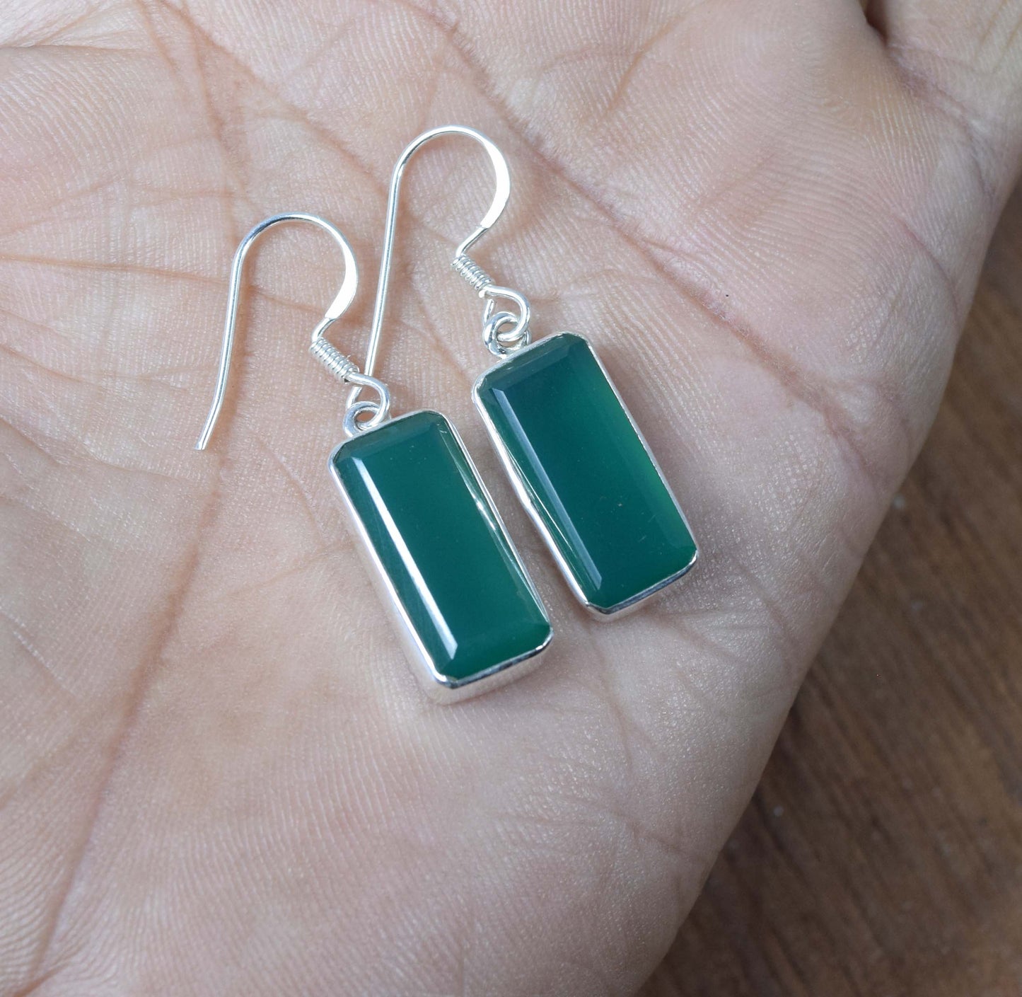 925 Solid Sterling Silver Cut Green Onyx Hook Earring-2.7 Inch