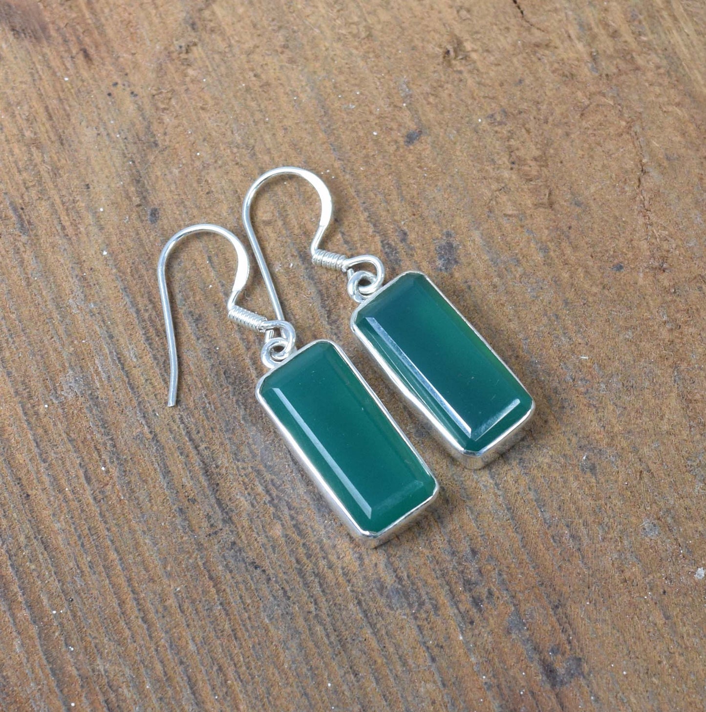 925 Solid Sterling Silver Cut Green Onyx Hook Earring-2.7 Inch