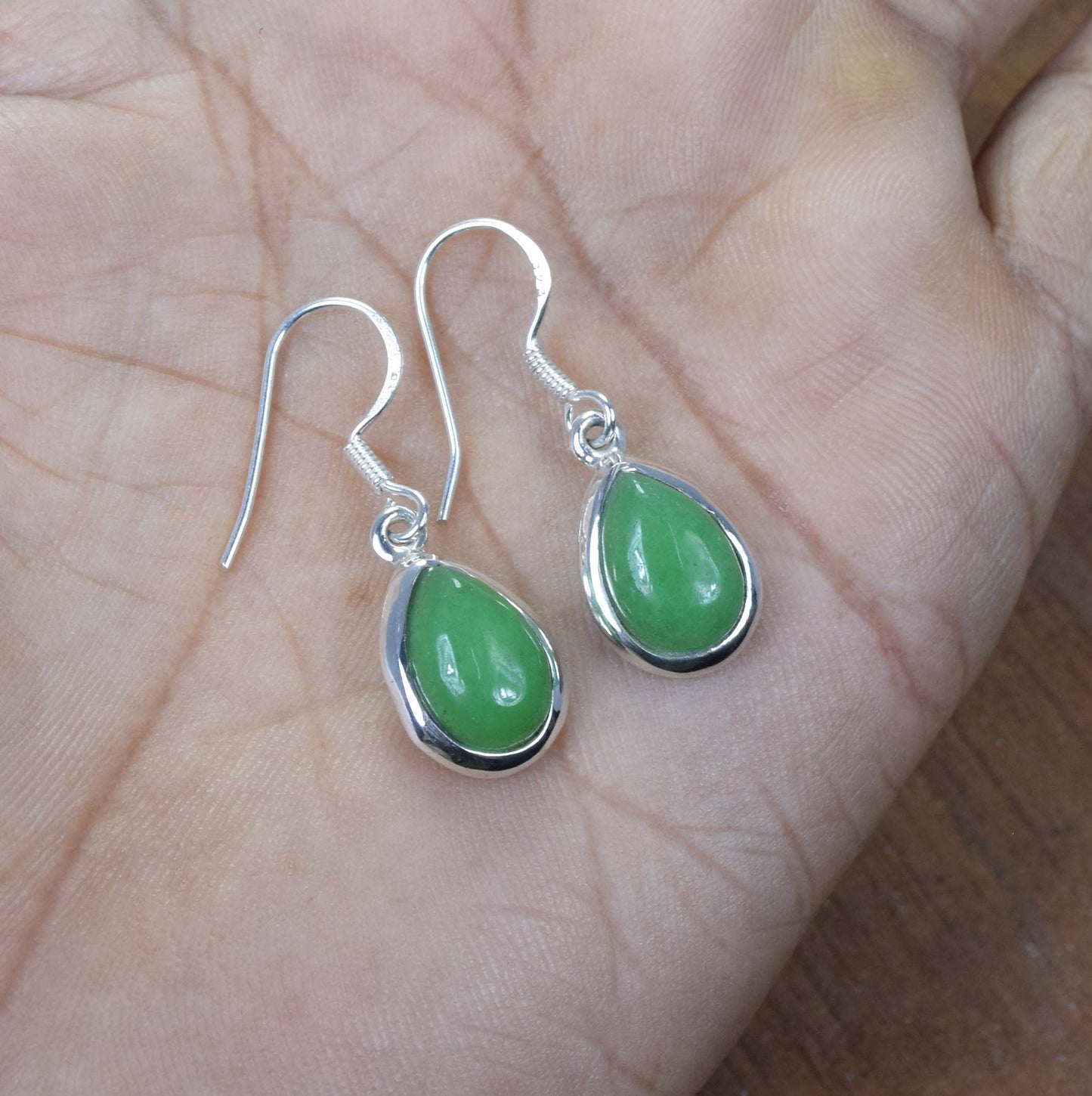 925 Solid Sterling Silver Green Jade Hook Earring-1.2 Inch