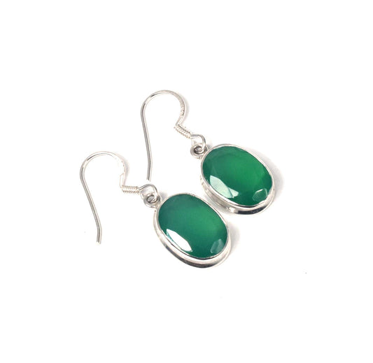 925 Solid Sterling Silver Cut Green Onyx Hook Earring-1.5 Inch
