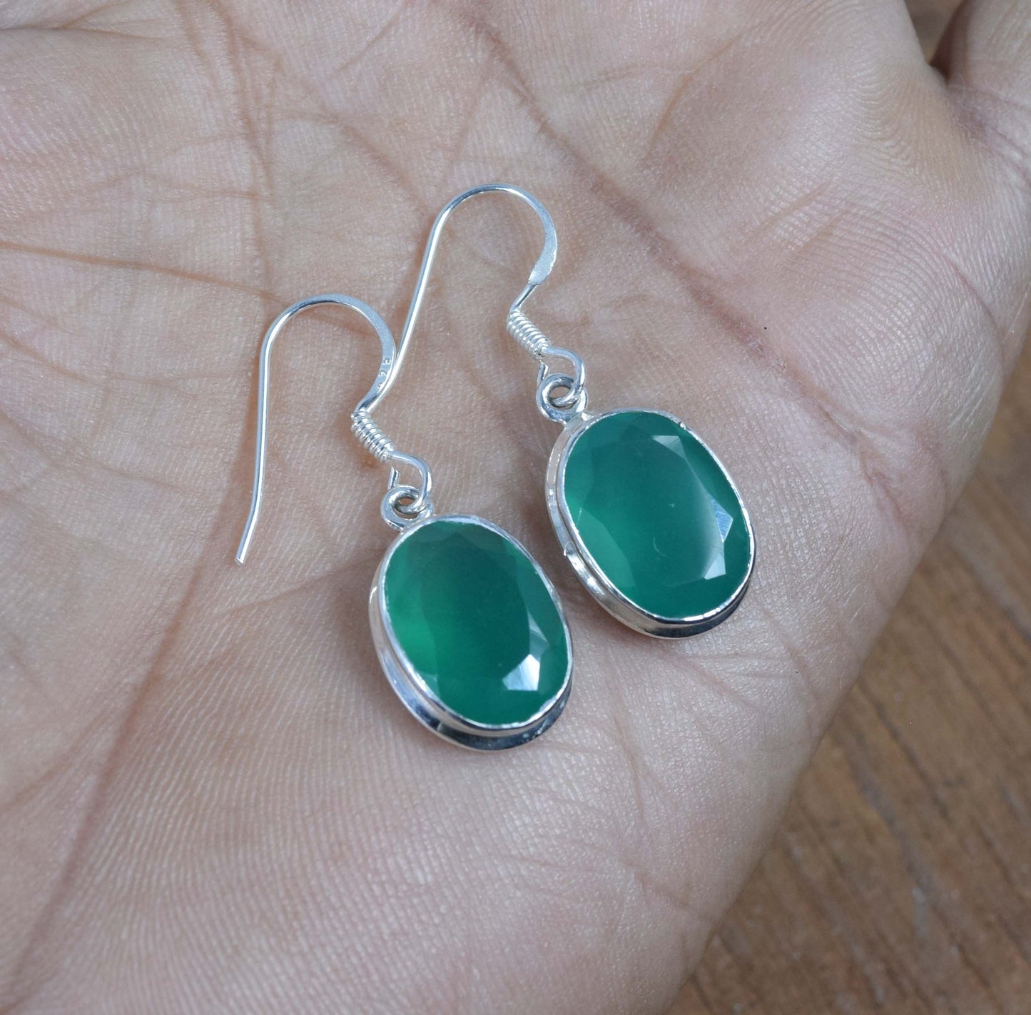 925 Solid Sterling Silver Cut Green Onyx Hook Earring-1.5 Inch