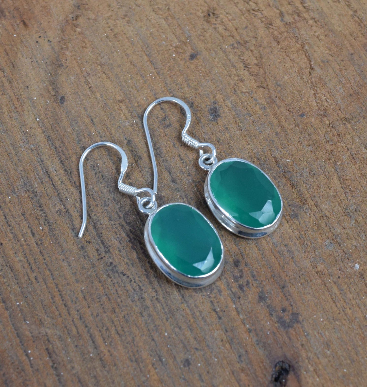 925 Solid Sterling Silver Cut Green Onyx Hook Earring-1.5 Inch