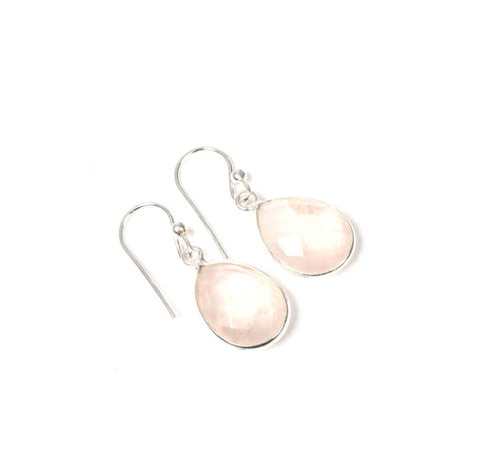 925 Solid Sterling Silver Cut Pink Rose Quartz Hook Earring-1.2 Inch