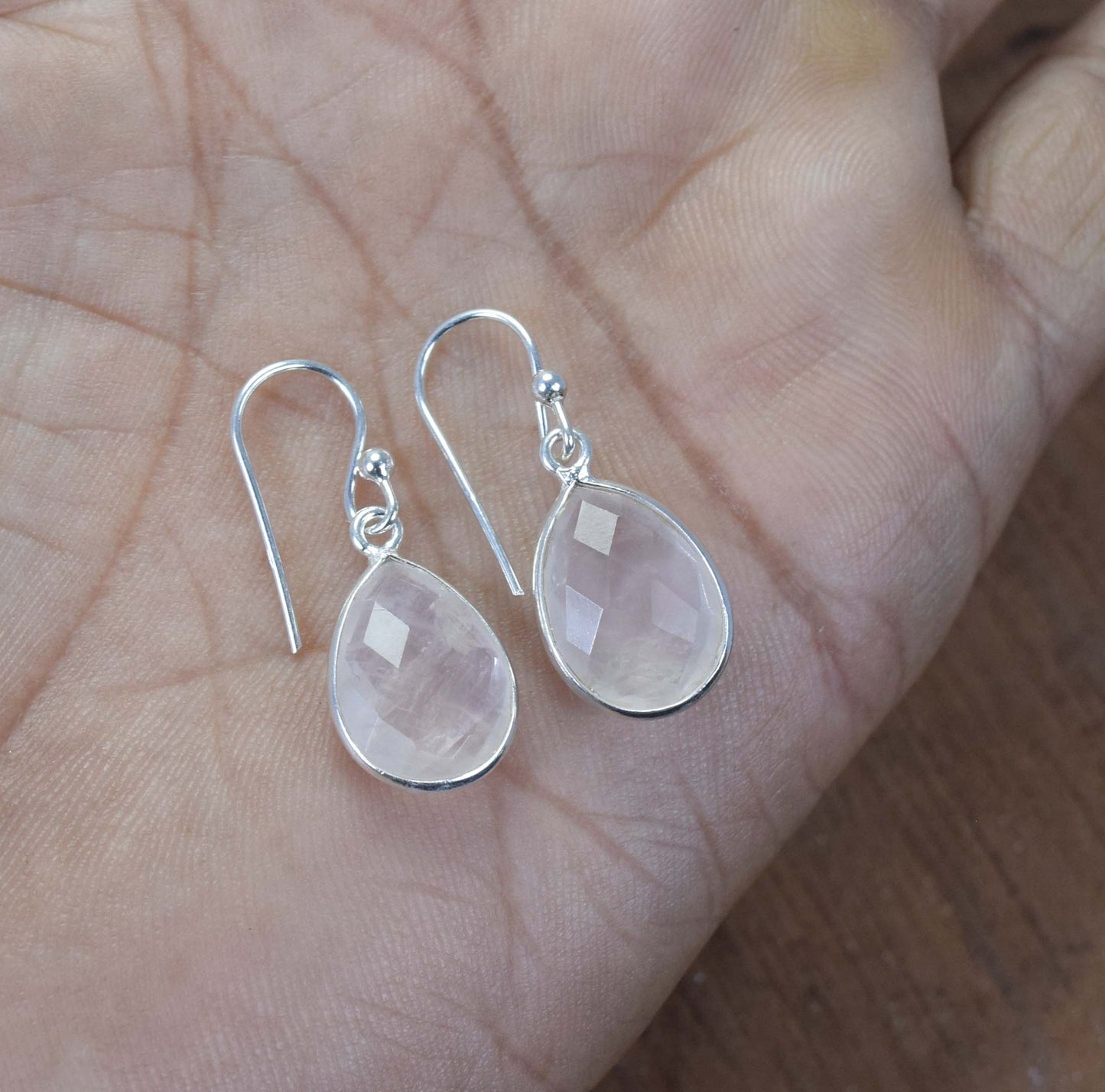 925 Solid Sterling Silver Cut Pink Rose Quartz Hook Earring-1.2 Inch