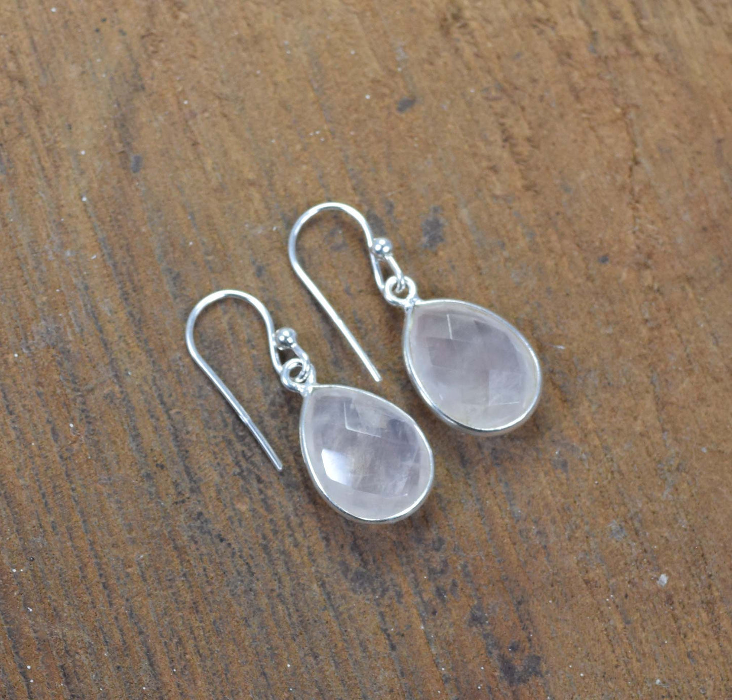 925 Solid Sterling Silver Cut Pink Rose Quartz Hook Earring-1.2 Inch