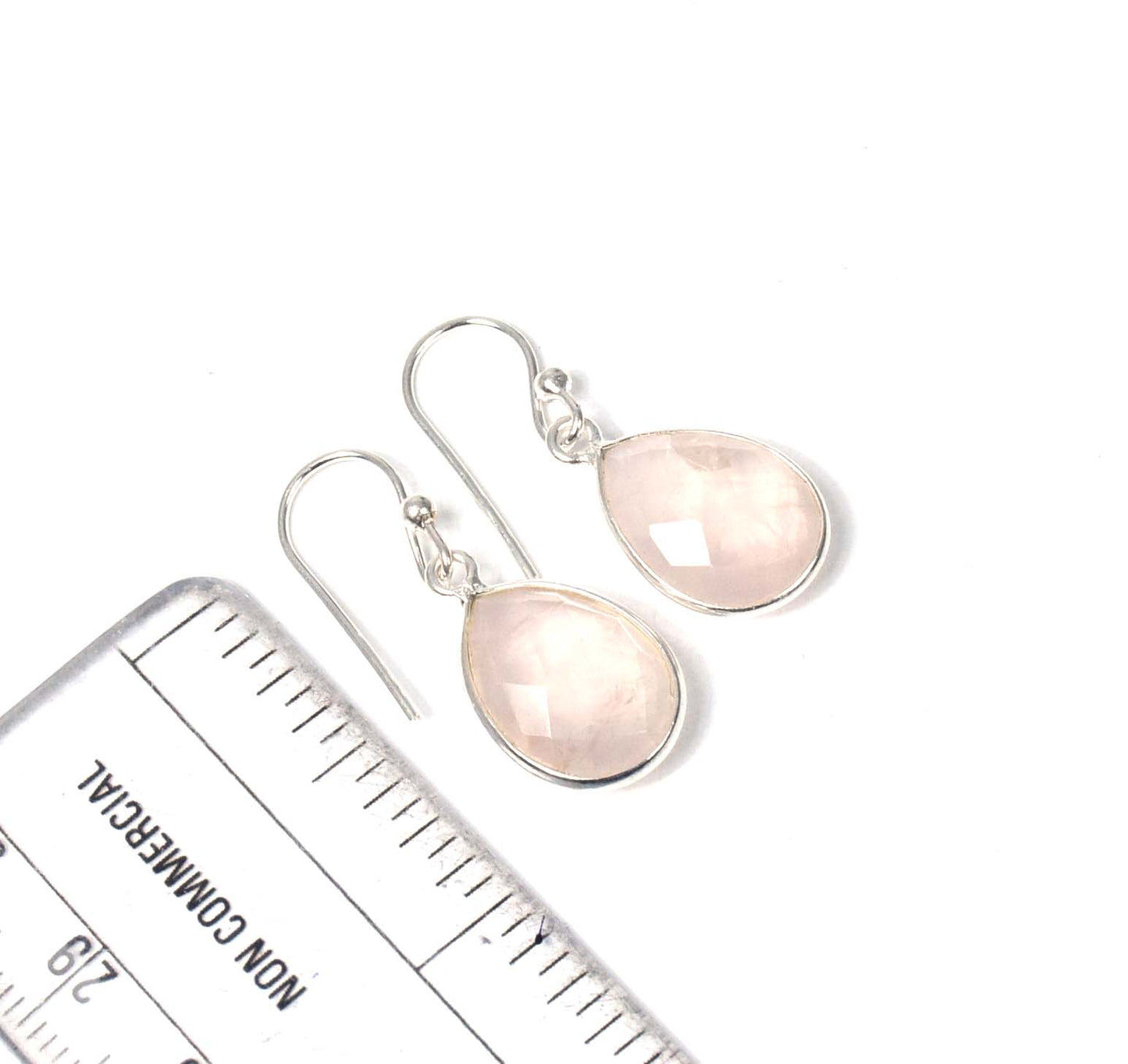 925 Solid Sterling Silver Cut Pink Rose Quartz Hook Earring-1.2 Inch