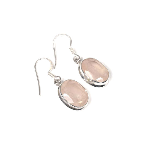 925 Solid Sterling Silver Cut Pink Rose Quartz Hook Earring-1.2 Inch