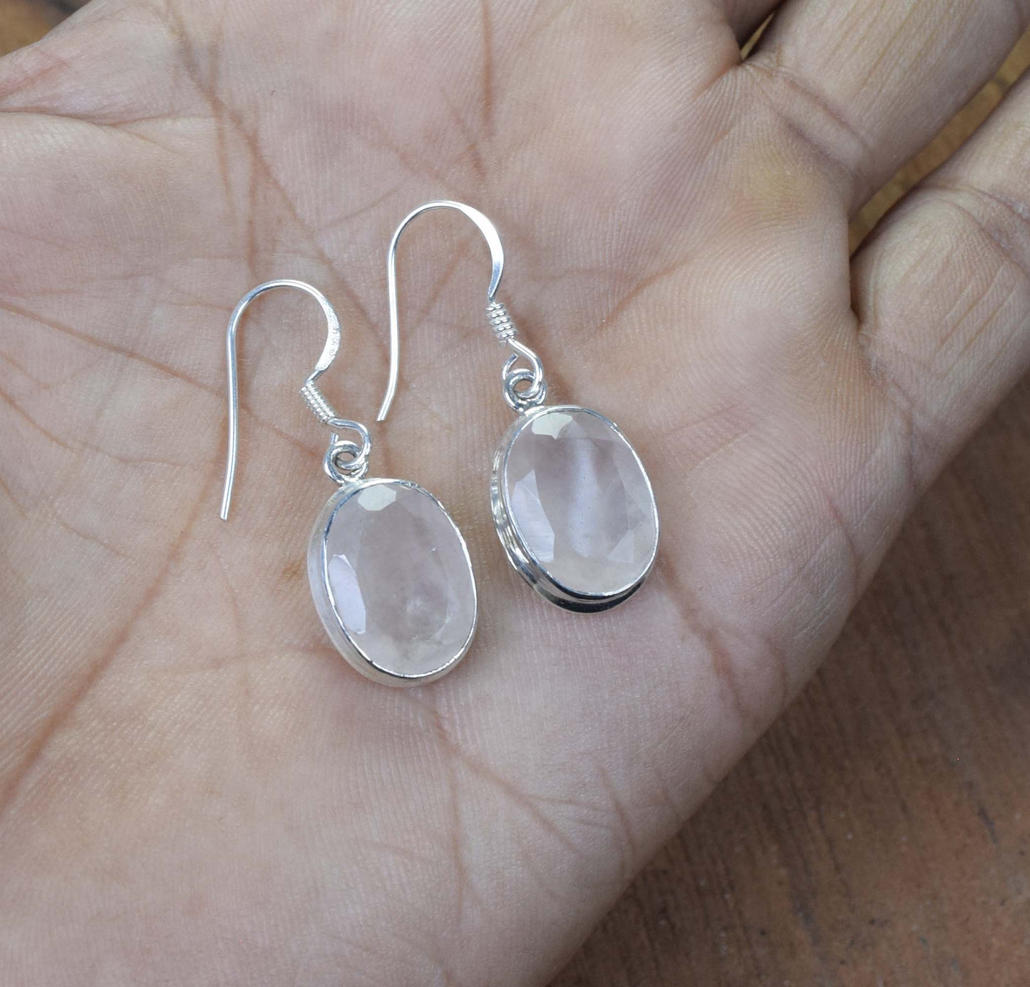 925 Solid Sterling Silver Cut Pink Rose Quartz Hook Earring-1.2 Inch