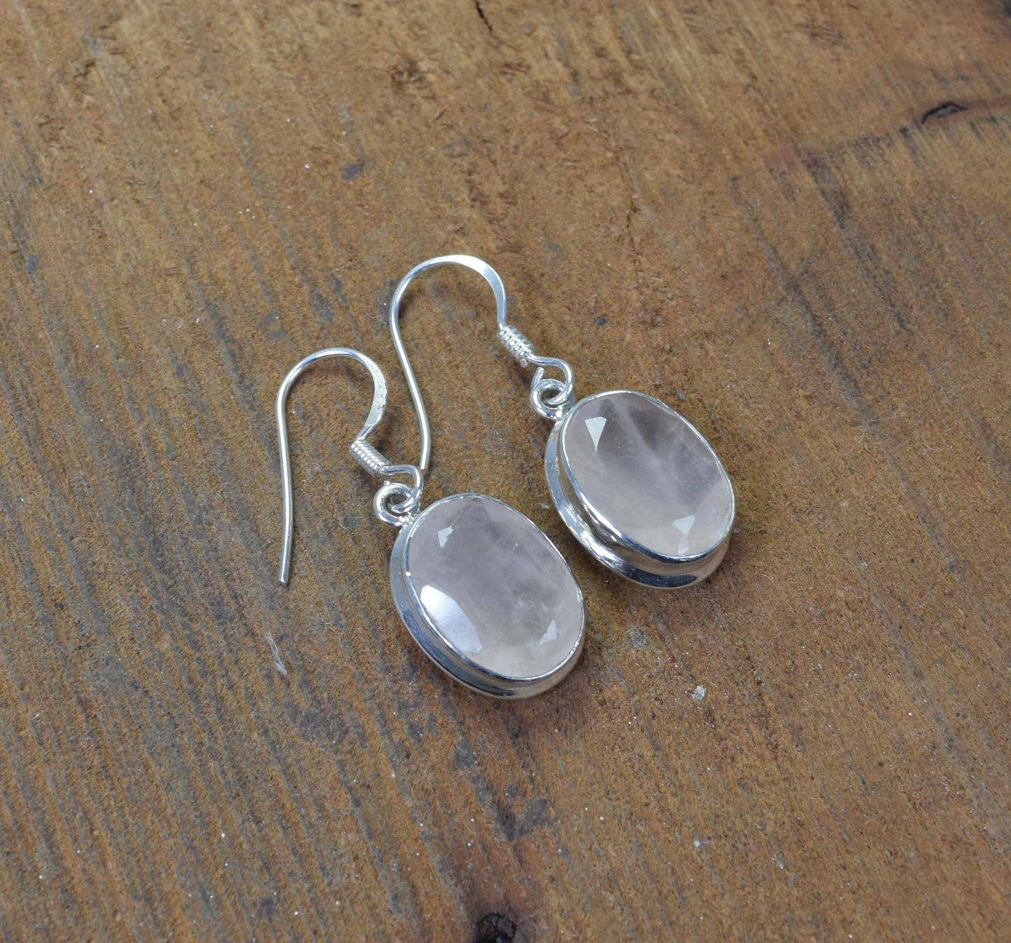 925 Solid Sterling Silver Cut Pink Rose Quartz Hook Earring-1.2 Inch