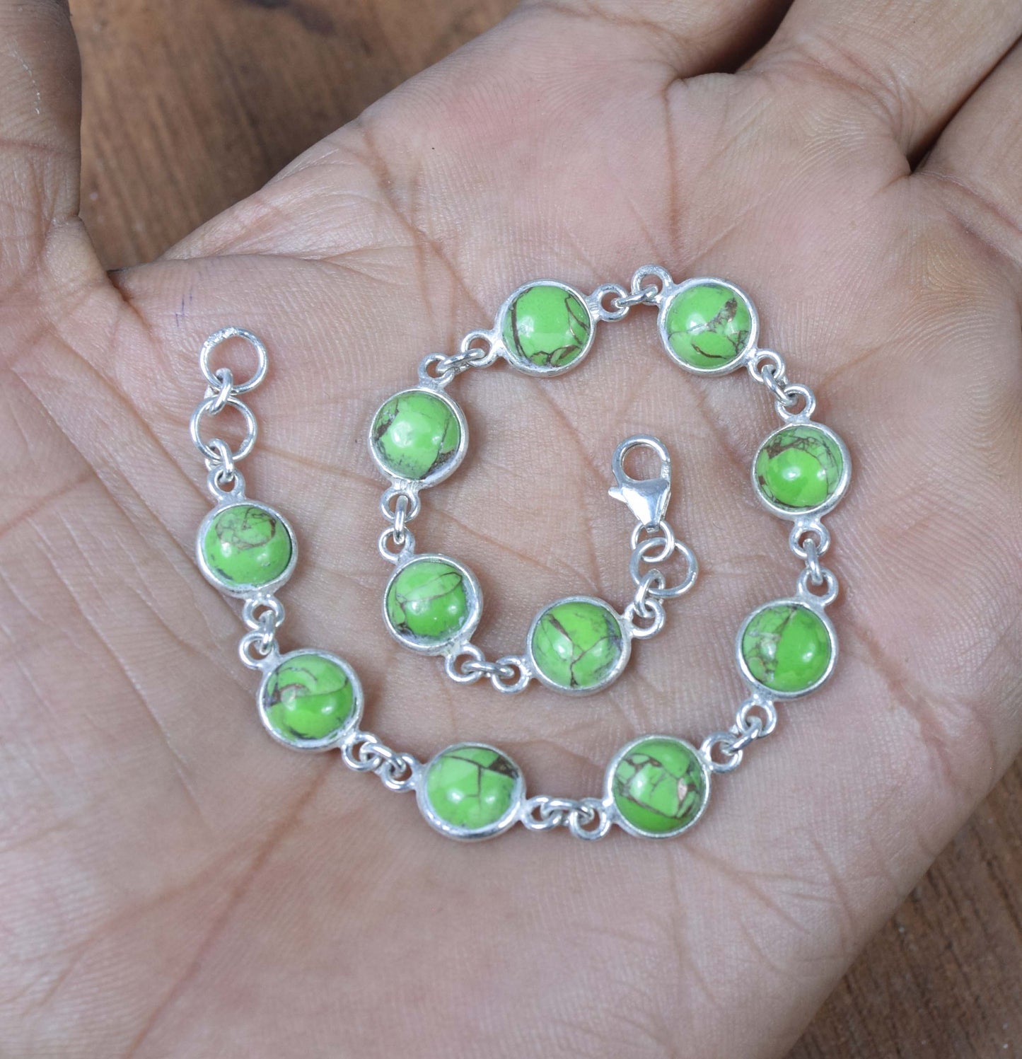 925 Solid Sterling Silver Green Copper Turquoise HANDMADE BRACELET-7.7 Inch