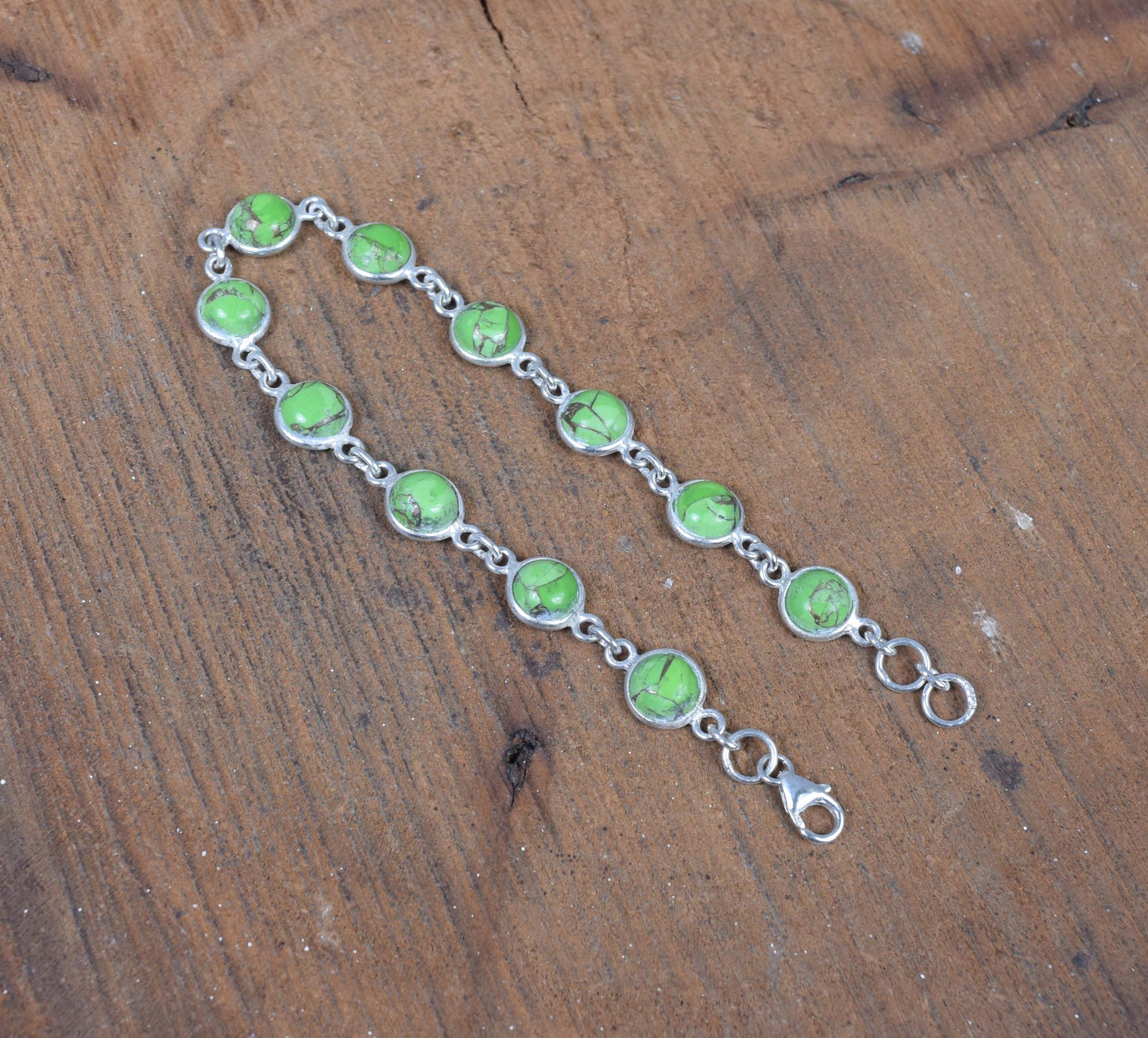 925 Solid Sterling Silver Green Copper Turquoise HANDMADE BRACELET-7.7 Inch