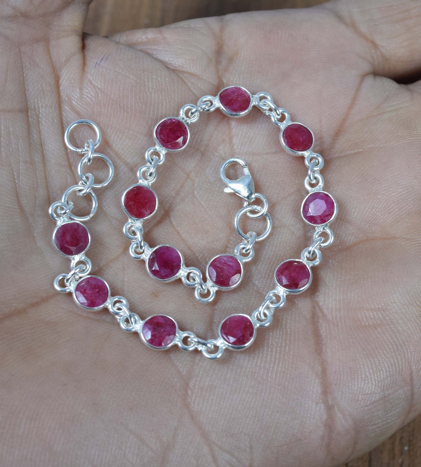 925 Solid Sterling Faceted Simulated Ruby HANDMADE BRACELET-7.5 Inch