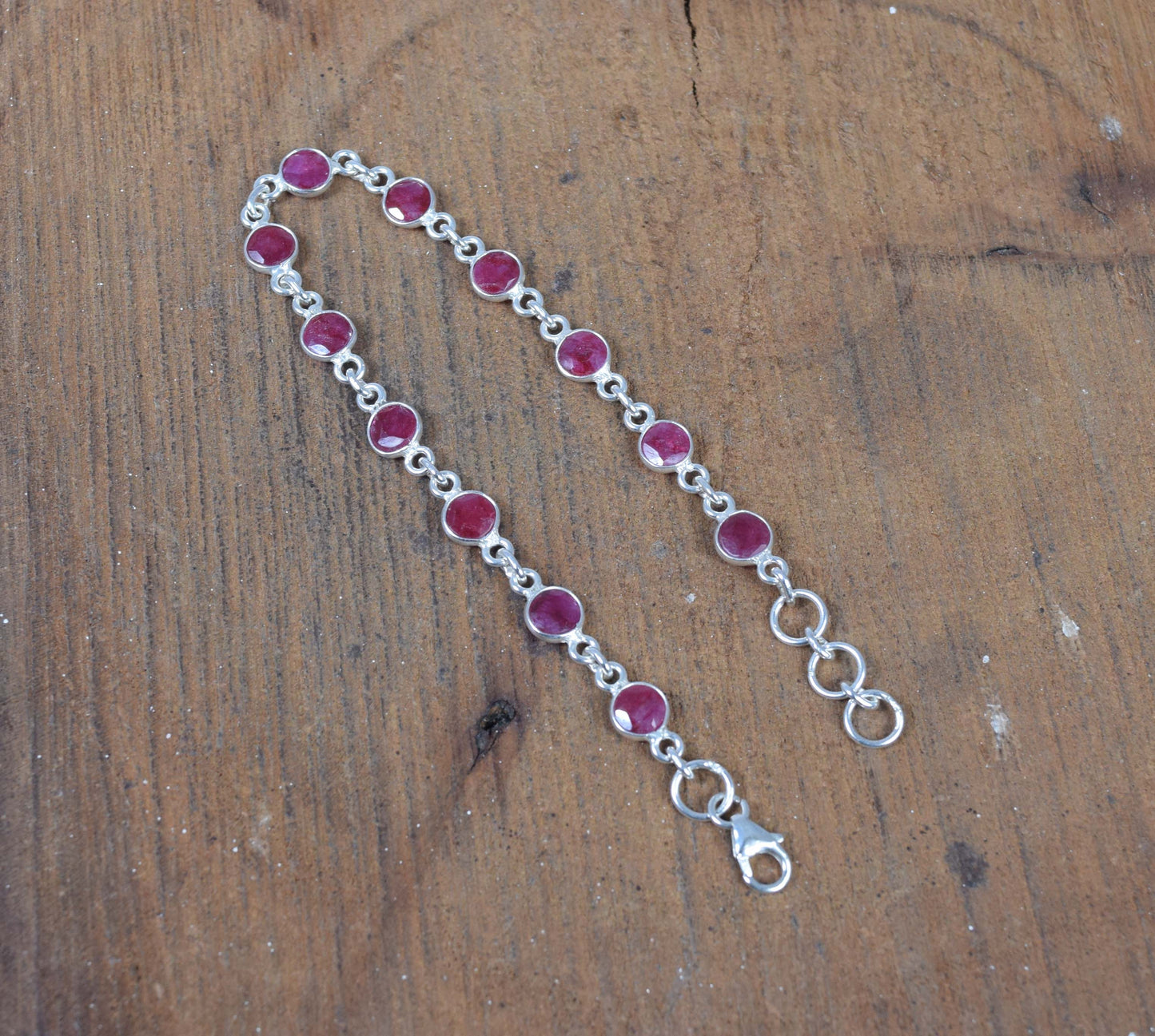 925 Solid Sterling Faceted Simulated Ruby HANDMADE BRACELET-7.5 Inch