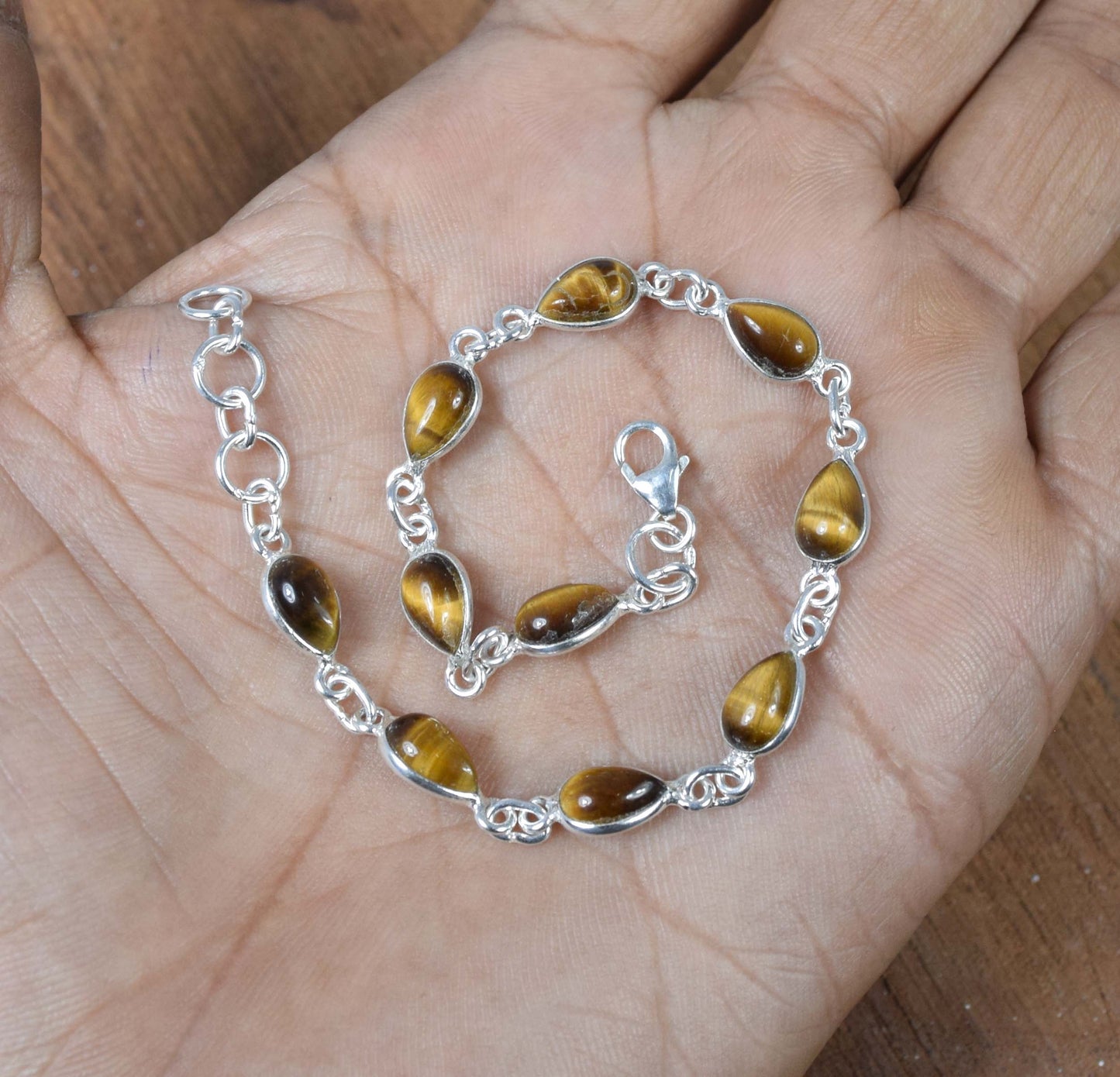 925 Solid Sterling Silver Tiger Eye HANDMADE BRACELET-8 Inch