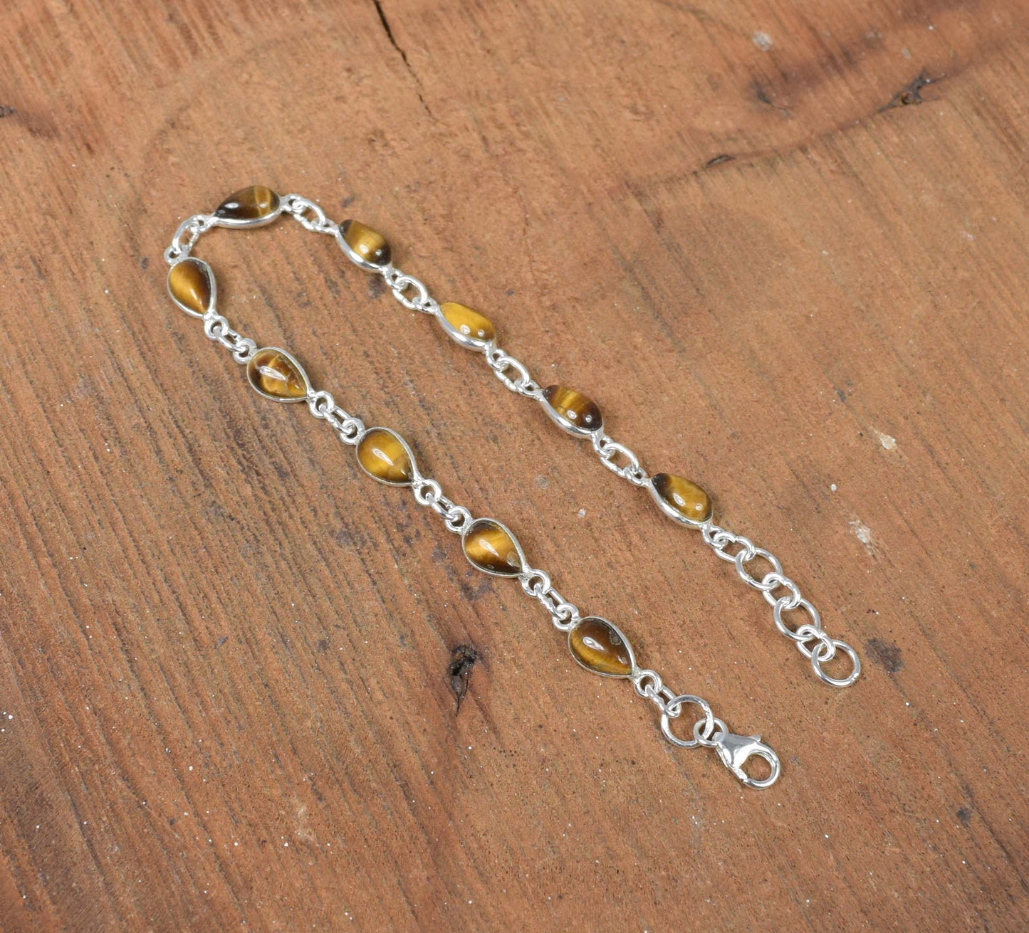 925 Solid Sterling Silver Tiger Eye HANDMADE BRACELET-8 Inch