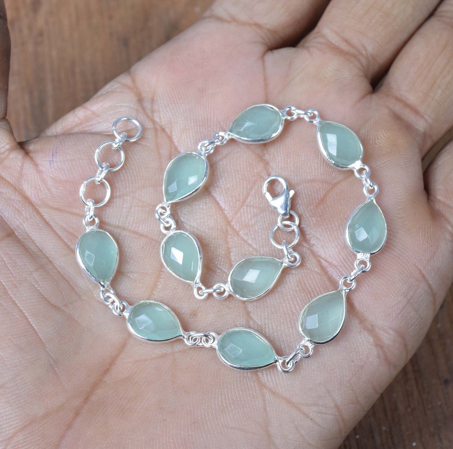 925 Solid Sterling Silver Aqua Chalcedony HANDMADE BRACELET-8.5 Inch