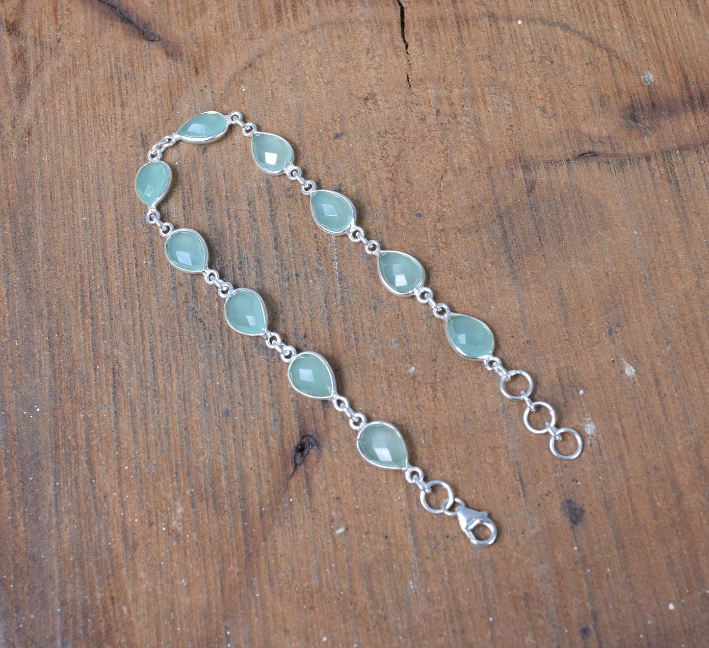 925 Solid Sterling Silver Aqua Chalcedony HANDMADE BRACELET-8.5 Inch