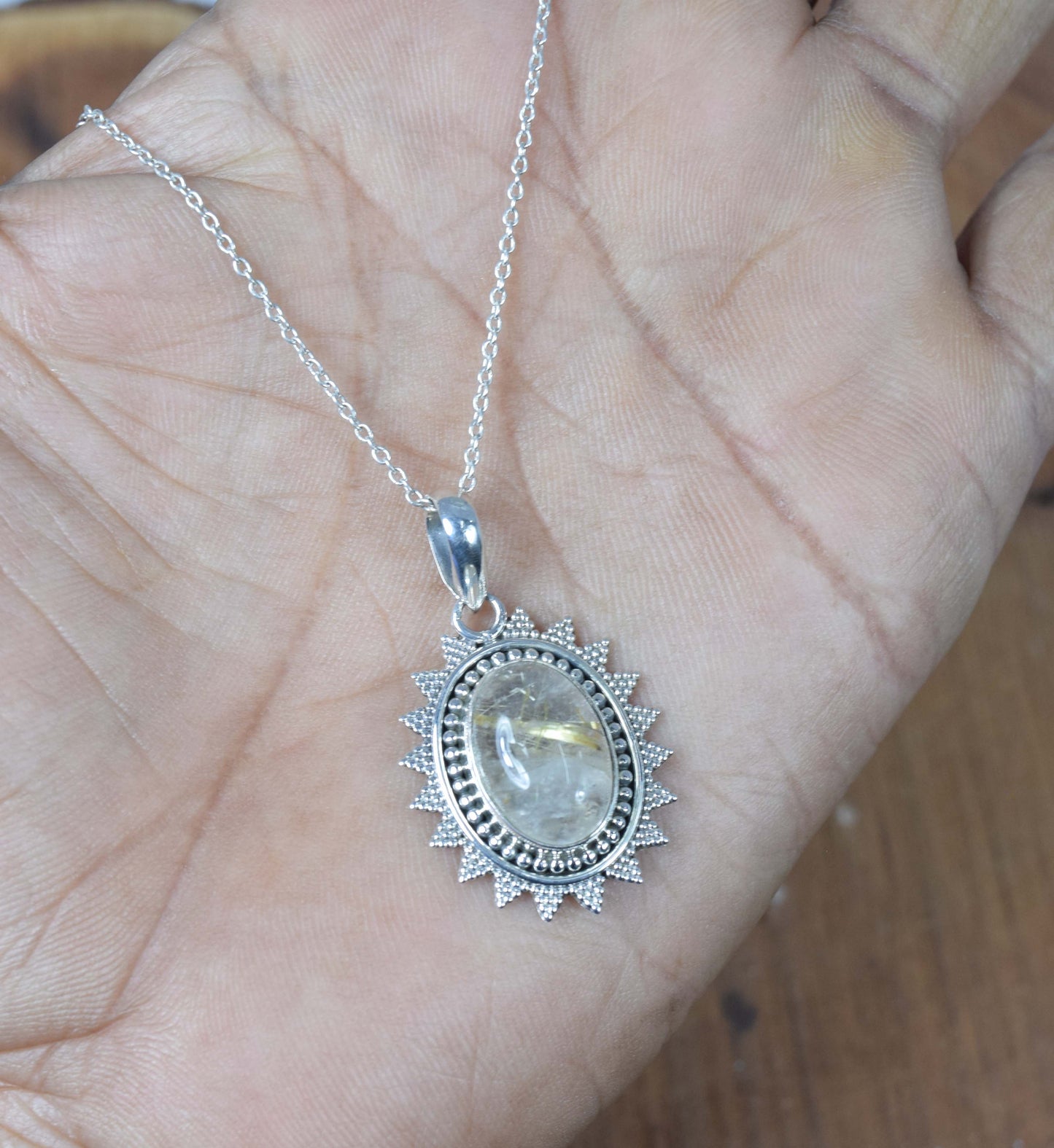 925 Solid Sterling Silver Golden Rutile Chain Pendant-19 Inch