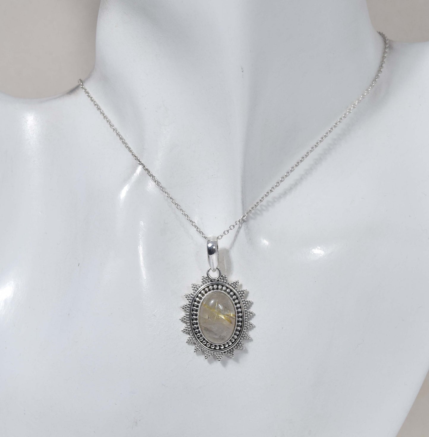 925 Solid Sterling Silver Golden Rutile Chain Pendant-19 Inch