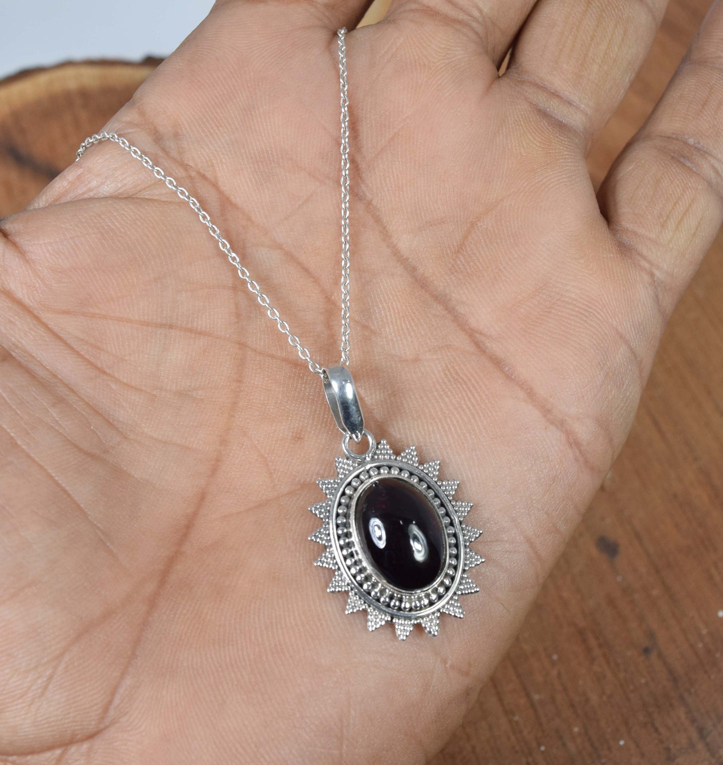 925 Solid Sterling Silver Red Garnet Chain Pendant-19 Inch